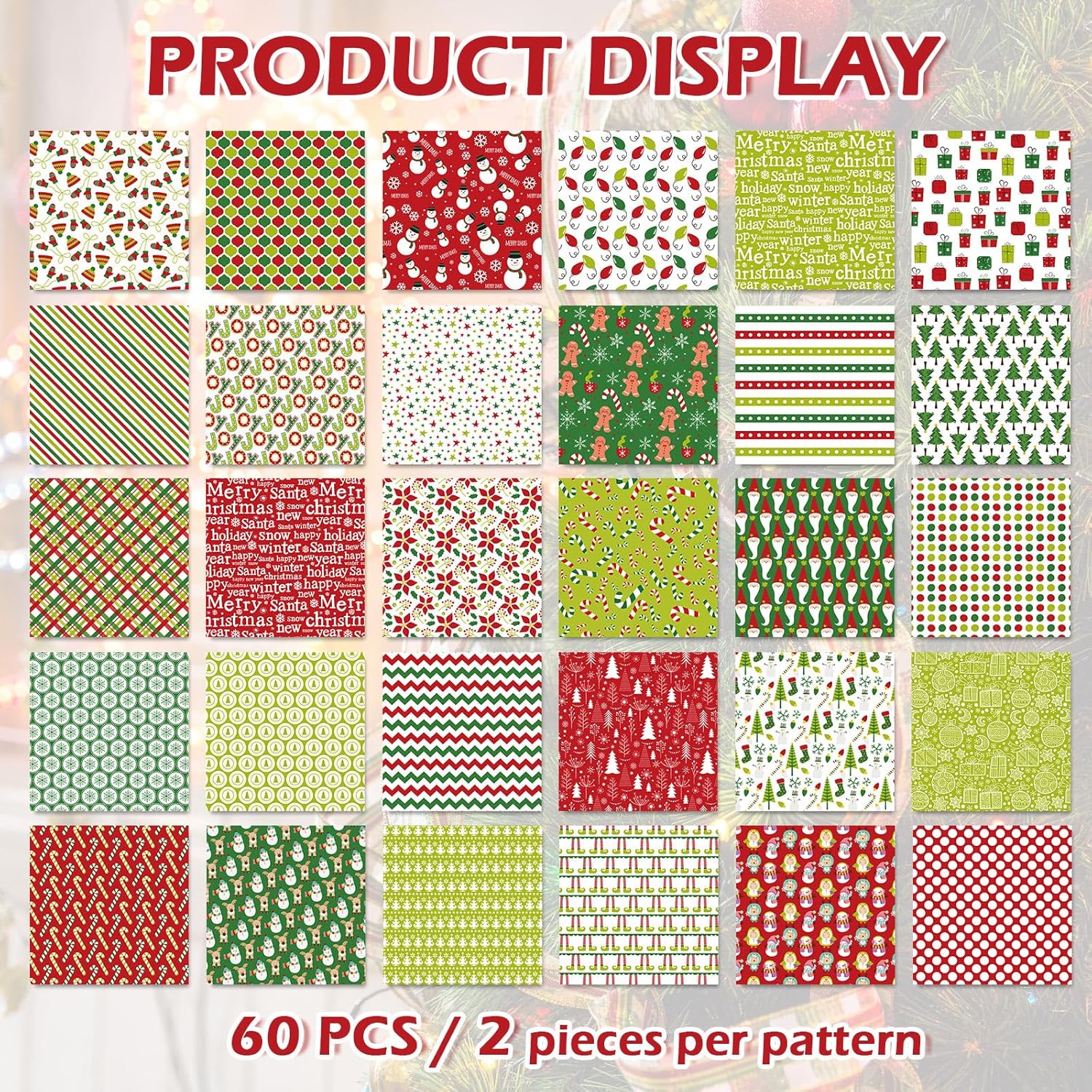 JarThenaAMCS 60Pcs Christmas Cotton Fabric Bundles 10 x 10 Inch Xmas Tree Snowflake Santa Gingerbread Fabric Squares Red Green White Sewing Fabrics for Xmas Winter DIY Craft Party Decor