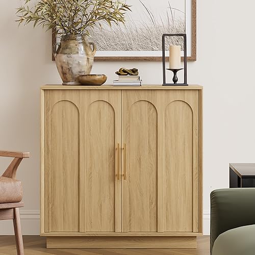 Sideboard Buffet Cabinet with Storage, Modern Accent Cabinet with Arched Doors, Boho Modular Media Console, 31.5" Minimalist Credenza for Living Room Kitchen Dining Room Entryway, Oak