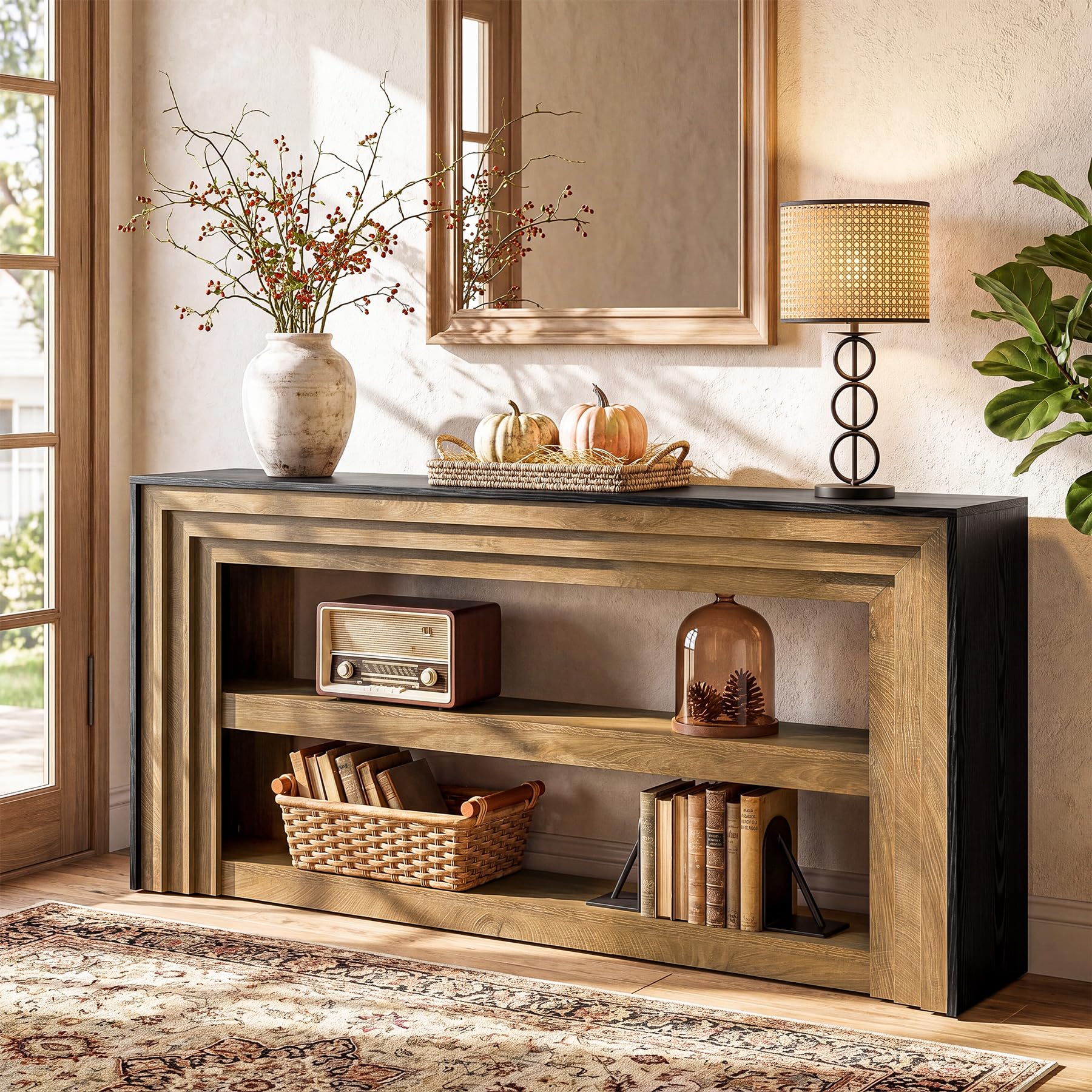 Photo 1 of ***STOCK PHOTO IS A SIMILAR ITEM WITH AN EXTRA SHELF*** Tribesigns 63" Long Console Table, Farmhouse 2-Tier Entryway Table with Storage, Narrow Wooden Sofa Table Behind Couch, Living Room, Hallway, Foyer, Brown & Black