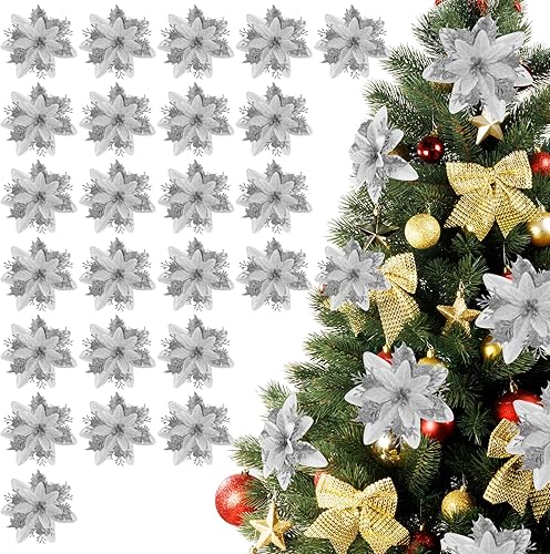 Miniatura 9 de Kisflower 24 flores artificiales de Pascua plateadas con clips y tallos, adornos de árbol de Navidad con purpurina para Navidad, Año Nuevo, boda,