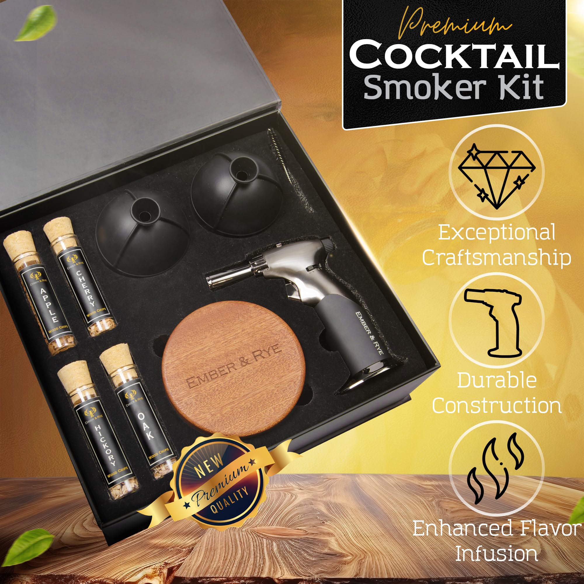Whiskey Smoker Kit - Cocktail Smoker Kit with Torch - Old Fashioned Smoker Kit with 4 Flavors Wood Chips - Bourbon Smoker Kit and 2 Ice Molds (Butane Not Included)