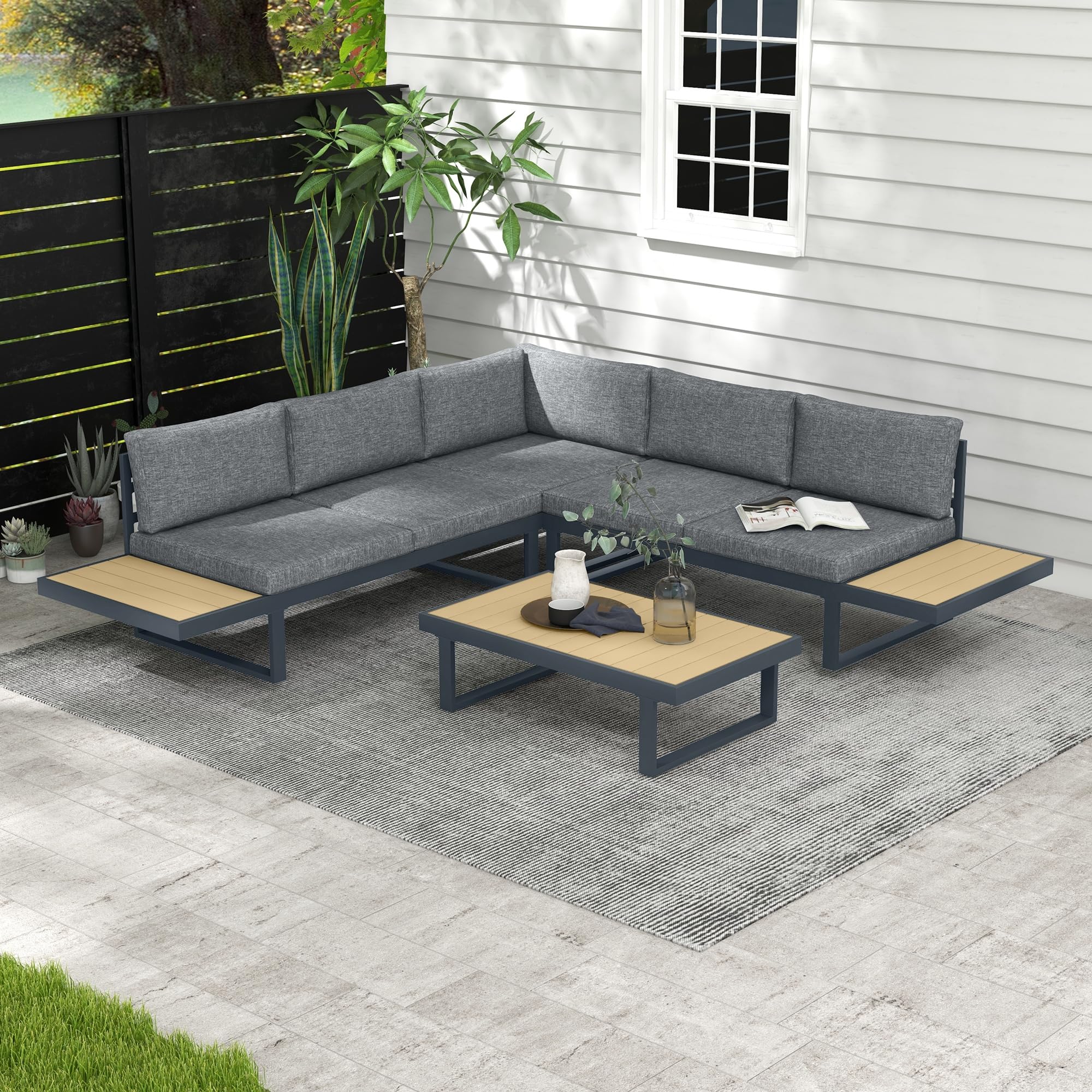 Outsunny Set da Giardino 4 Pezzi in Alluminio e Poliestere, Set da Esterno con 2 Divanetti 163x70x64 cm, Poltrona Angolare 70x70x64 cm e Tavolino da Caffè 102x60x30 cm, Grigio Scuro e Teak