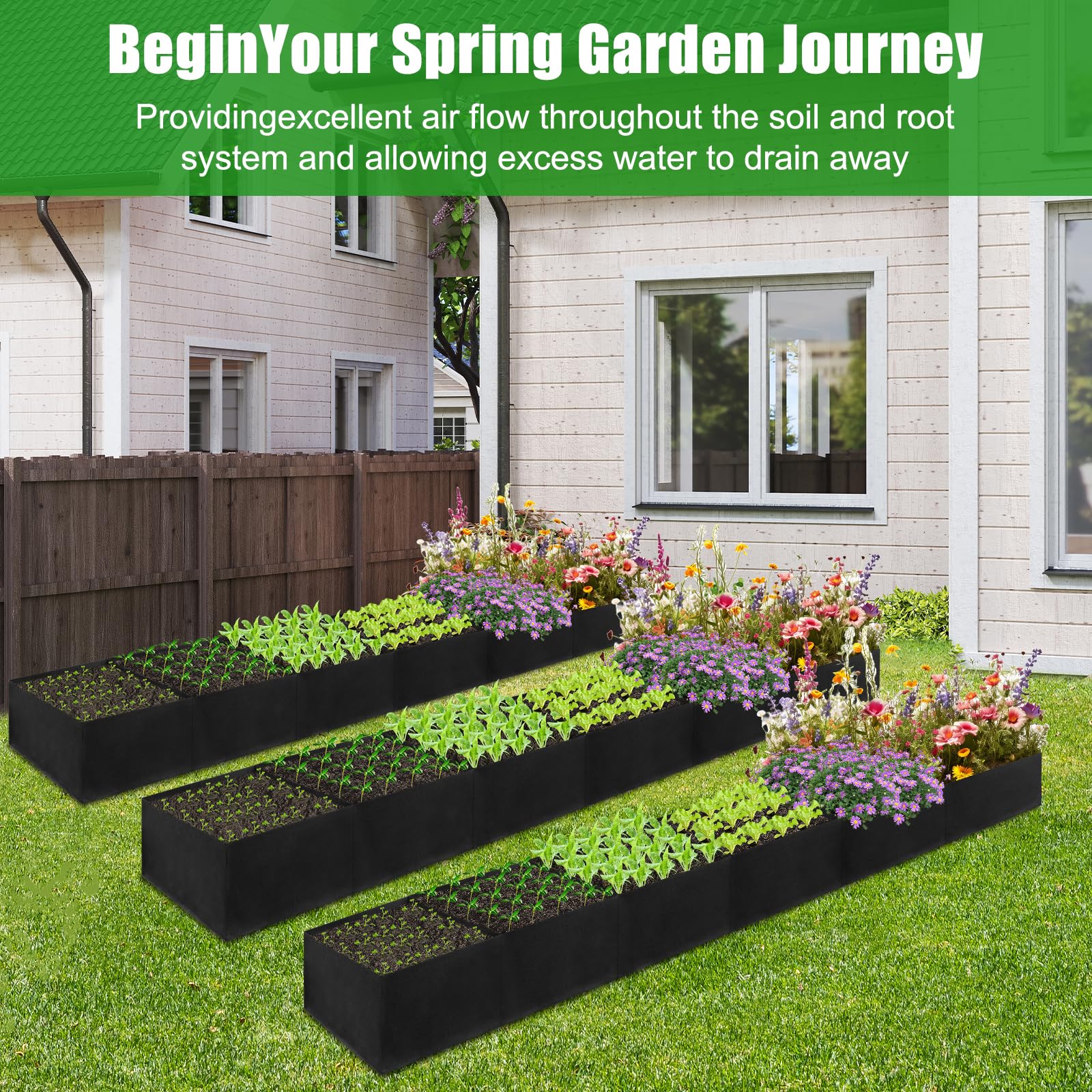 VZZNN Lot de 2 parterres de jardin surélevés en tissu non tissé de 3,7 x 0,6 x 0,3 m – 6 grilles pour cultiver des herbes, des fleurs et des légumes