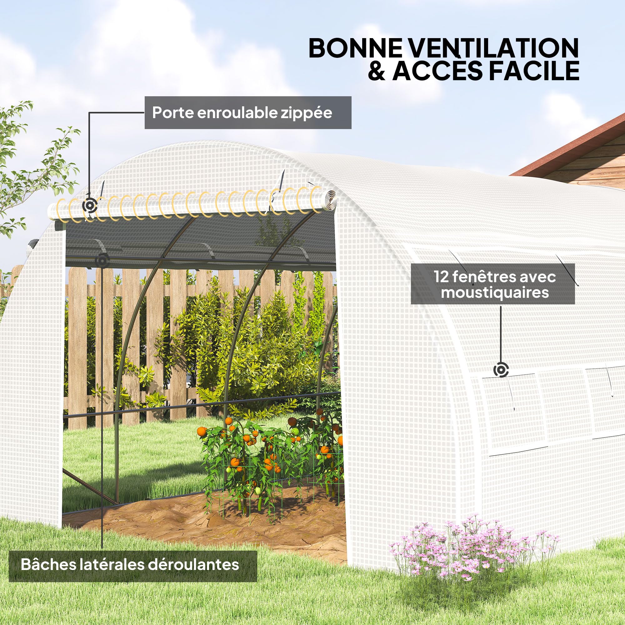 Outsunny Serre de Jardin 12 m² dim. 4L x 3l x 2H m avec Porte + parois latérales zippées enroulables, 8 fenêtres, Acier PE Haute densité 140 g/m² Anti-UV Blanc