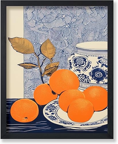 Poster Master Póster de florero de naranjas y azules, estampado retro naranja, arte de frutas, arte de comida y bebida, arte bohemio elegante, arte