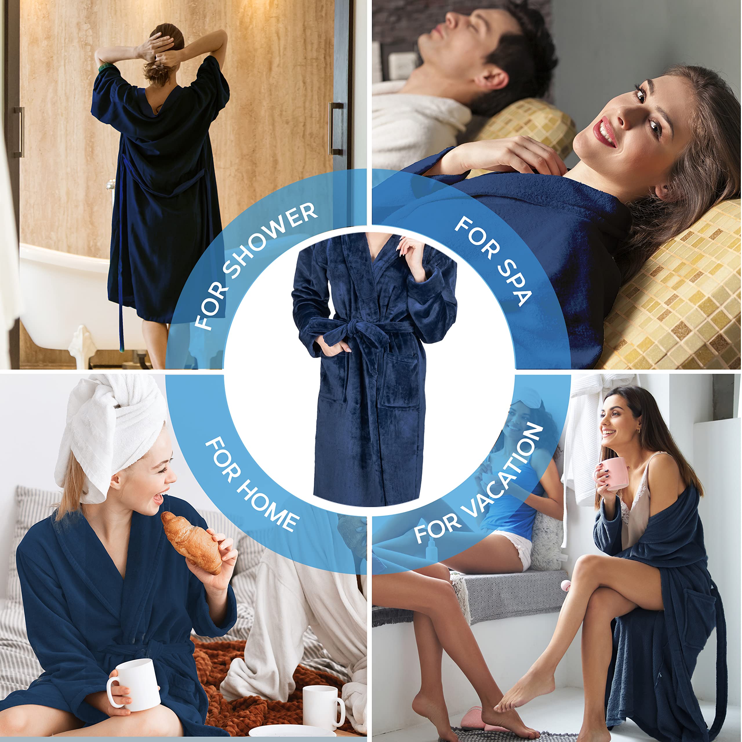 MONHOUSE Womens Dressing Gown - Premium Super Soft & Cosy Long Bathrobe - Ladies Thick Flannel Luxury Housecoat - Warm Fluffy Shearling Spa Robe for Her - Sherpa Bathrobe - Navy UK 20-22