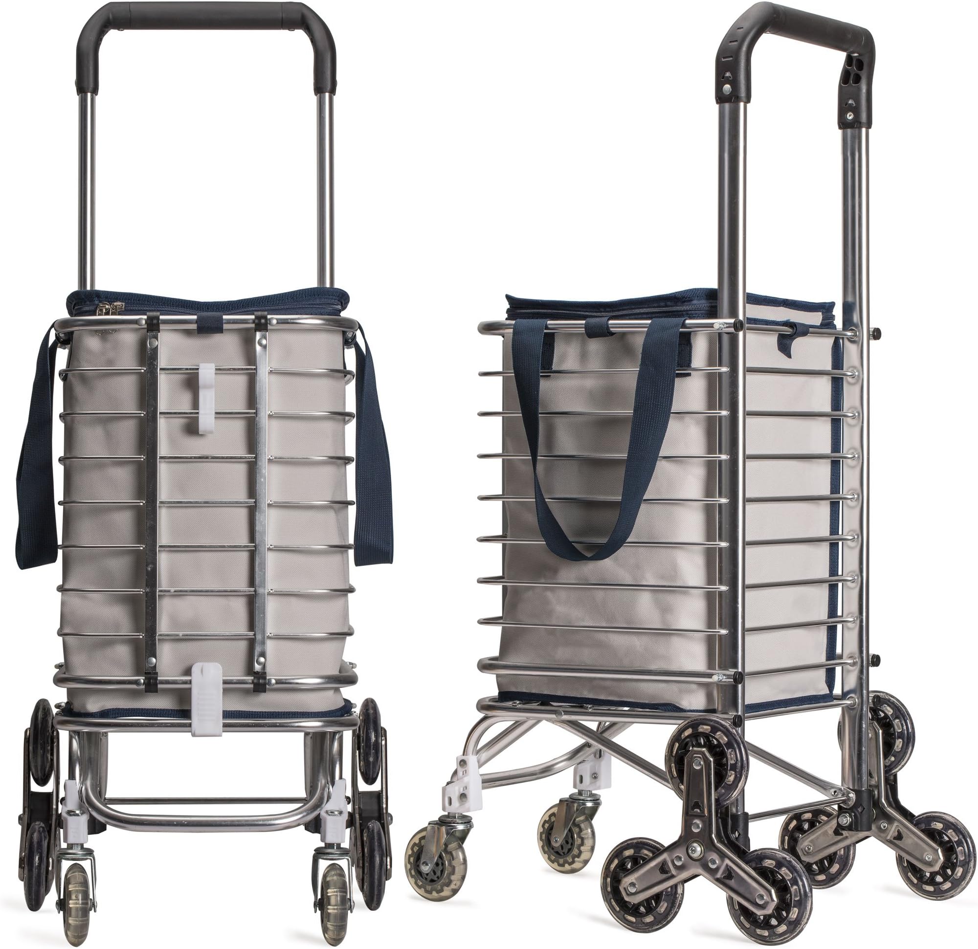 Sturdy Birdy Stair Climbing Farmers Market Cart with Insulated Bag - Beige with Blue Trim