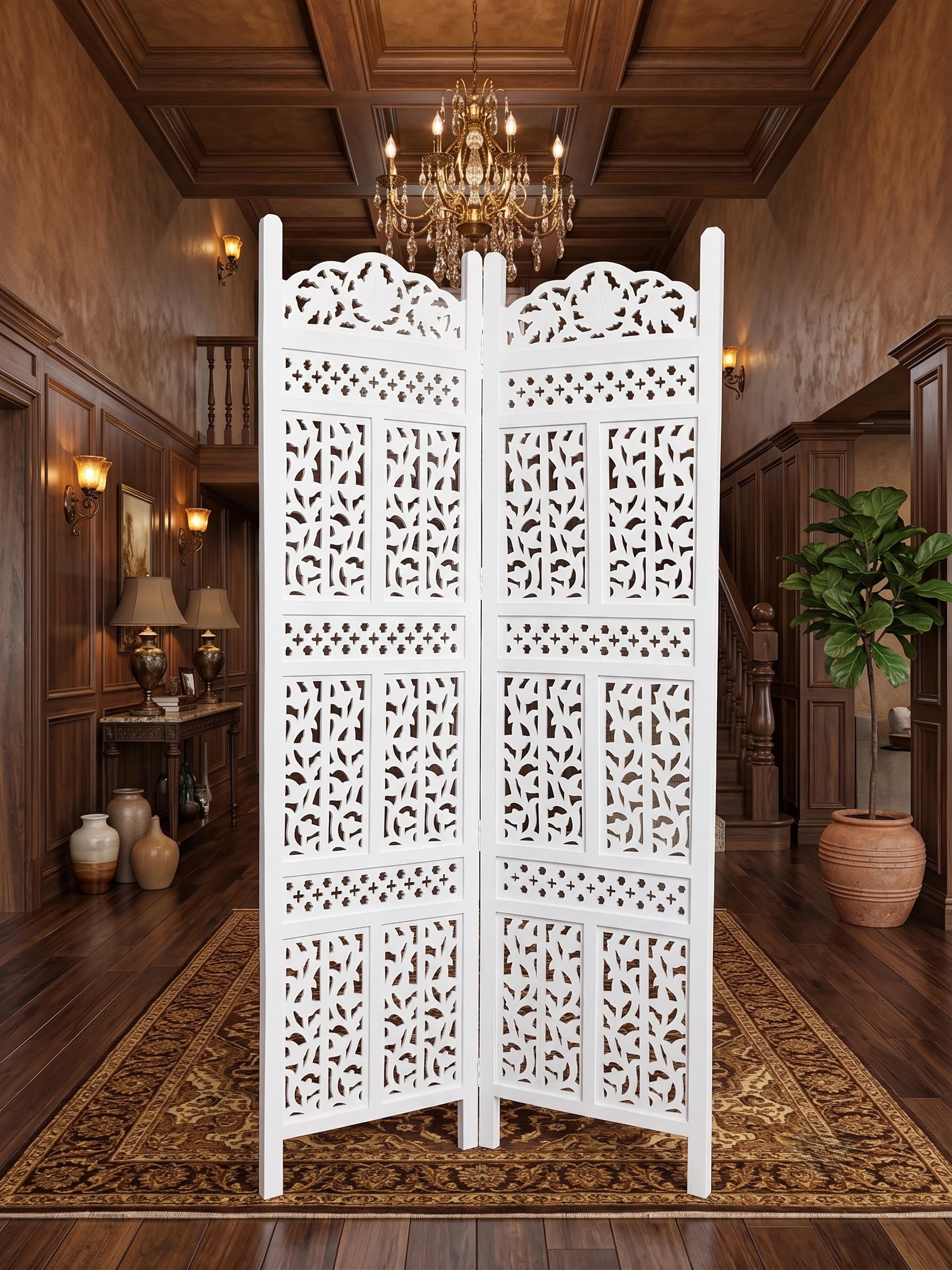 Wooden Partition Screen/Room Divider Handicraft 6Ft Height (3 Panels) Color- Ivory with Stands in White Glossy Finish-image-40