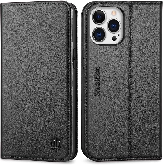SHIELDON Case for iPhone 13 Pro 5G, Genuine Leather Wallet Case RFID Blocking Credit Card Holder Folio Magnetic Kickstand Shockproof Cover Compatible with iPhone 13 Pro 5G 6.1 - Black