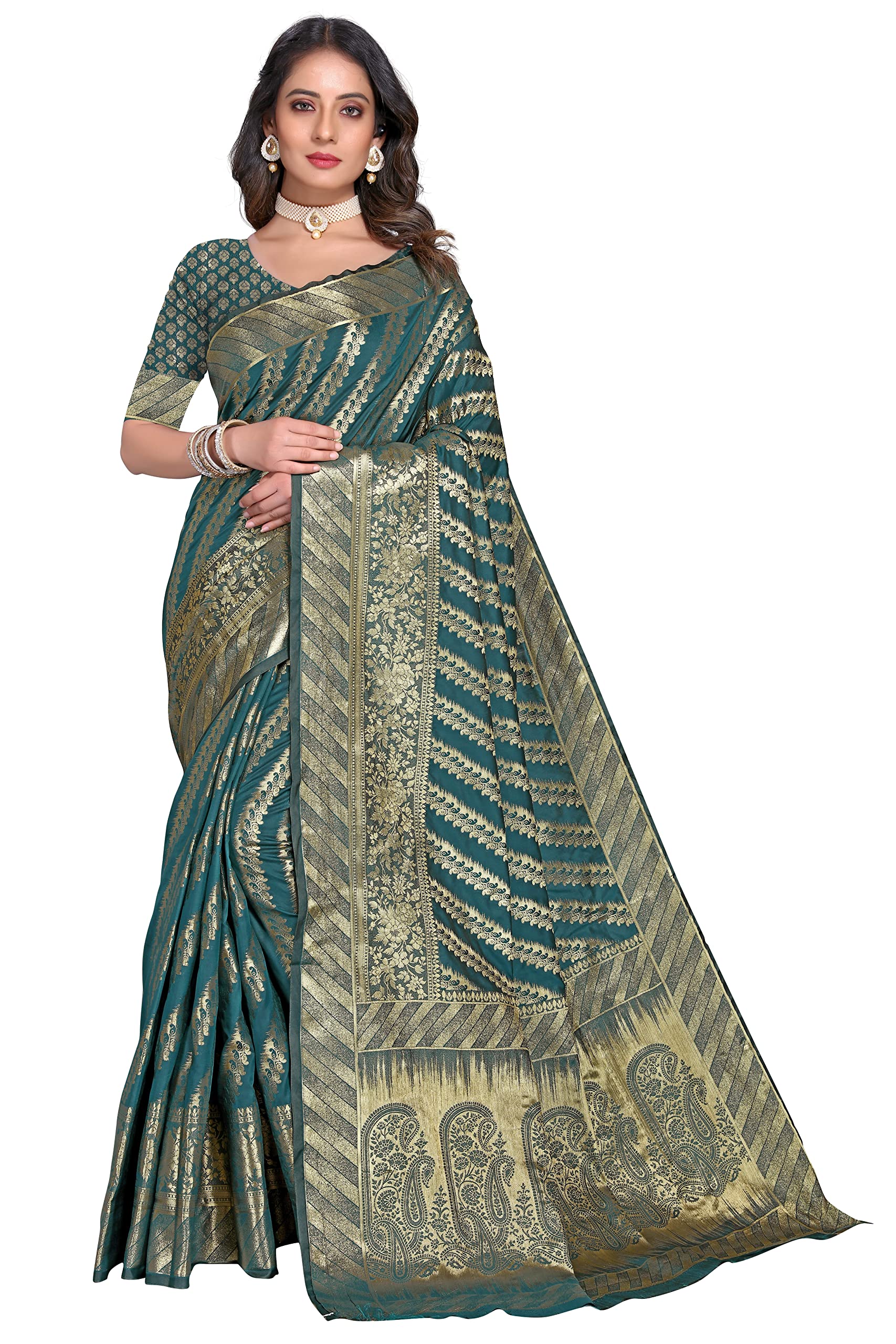 Zwab Women's Kanjivaram Soft Lichi Silk Traditional Saree With Rich Pallu & Weaving Border With Unstitched Jacquard Woven Banarasi Blouse Piece