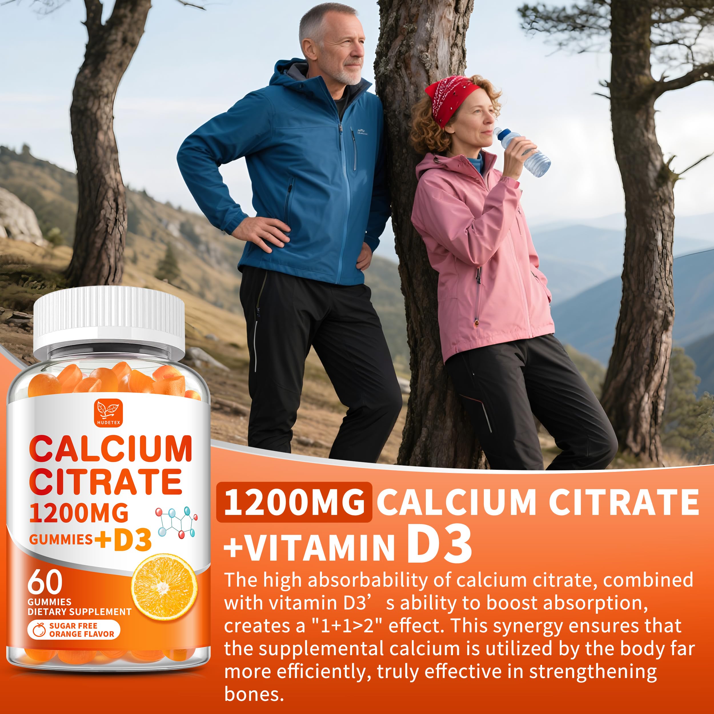 (2 Pack) Calcium Citrate 1200 mg with Vitamin D3 Gummies for Women & Men,Calcium Supplements for Bone & Teeth Support,High Absorption - Easy to Digest, Sugar Free,Vegan,Orange Flavor,60 Day Supply — Amazon image 5