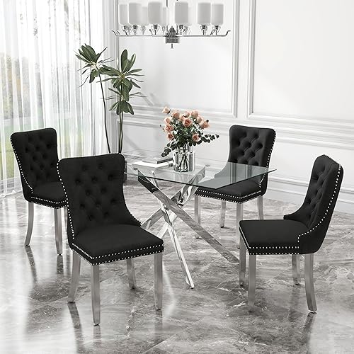 Miniatura 89 de Juego de comedor de cristal de lujo plateado de 5 piezas, juego de mesa de cocina minimalista moderno para 4 personas, juego de comedor con negro +