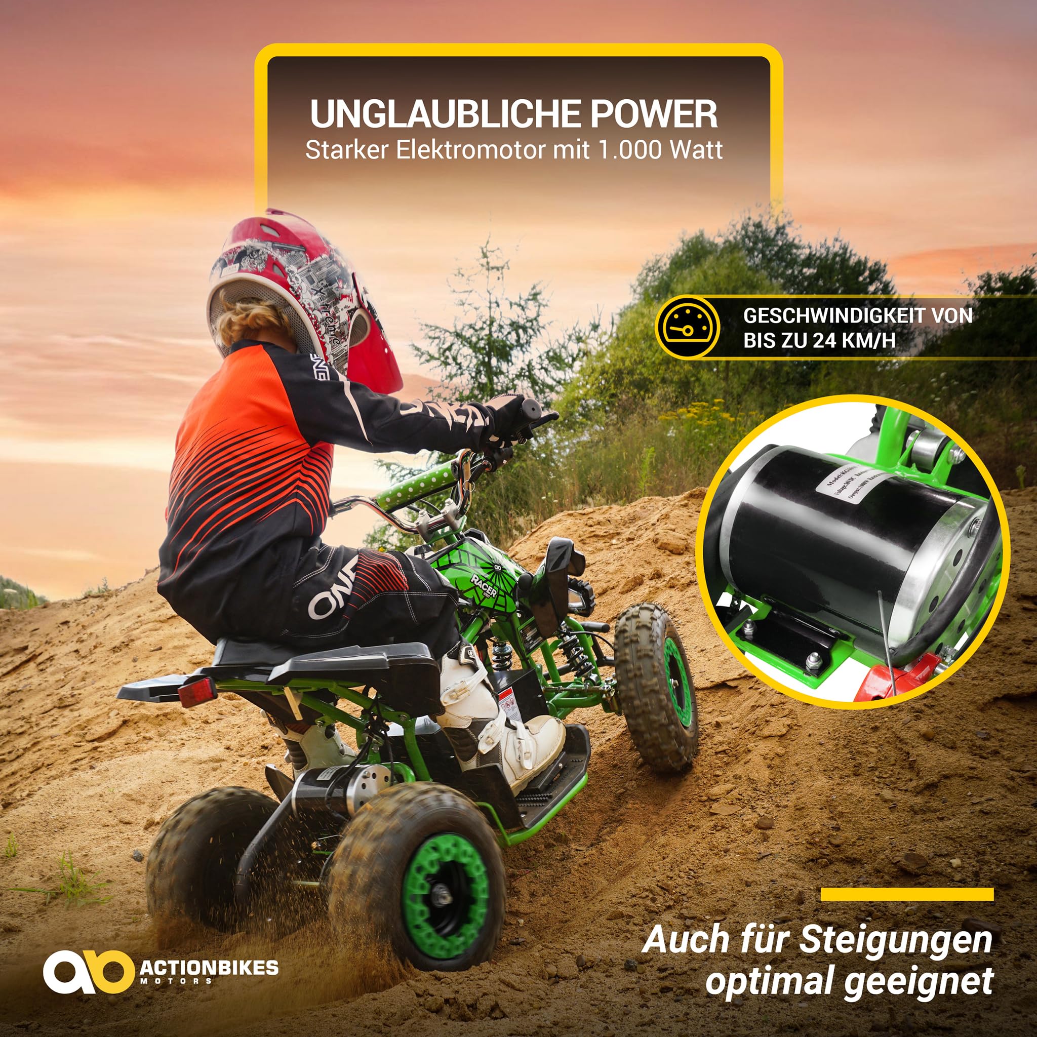Actionbikes Motors Kinder Quad Elektro ATV Racer | 𝟑𝟔 Volt 𝟭𝟬𝟬𝟬 Watt Motor bis 𝟐𝟒 km/h - Kinderquad - Pocket Quad - Safety Touch Fußschalter - Für Kinder ab 8 Jahren (1000 Watt Schwarz/Grün)