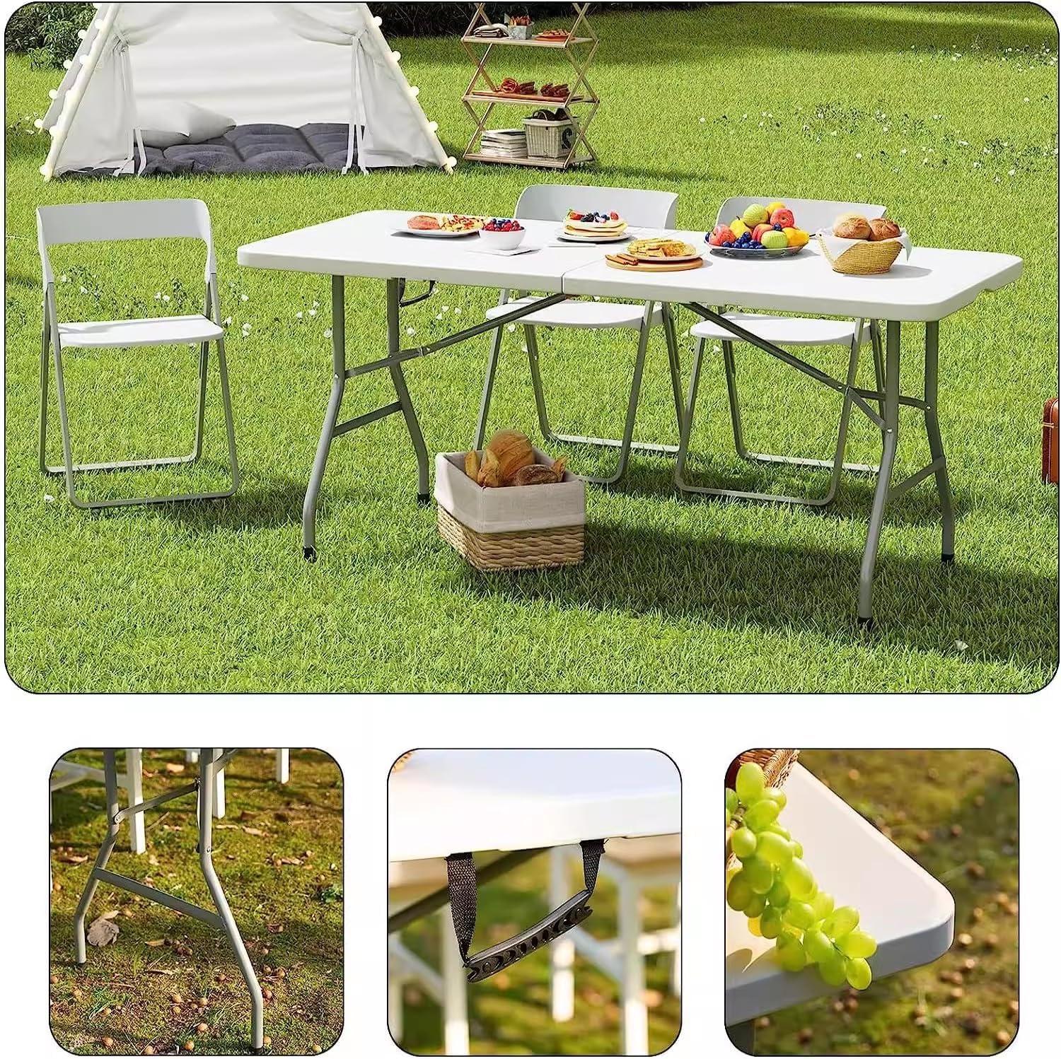 Kashi Home Folding Table 6 Ft Foldable Table, Portable Heavy Duty with Lock & Carrying Handle, Indoor Outdoor Use, Perfect for Party, Camping, Picnic, Wedding, BBQ, Utility & Workstation - White