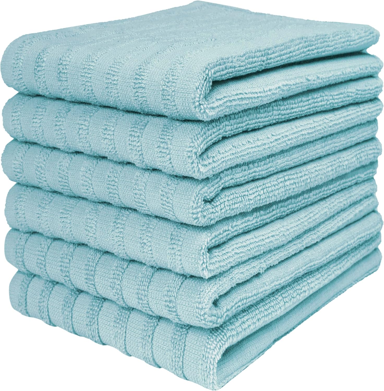 Premium Kitchen Towels (20”x 28”, 6 Pack) | Large Cotton Dish Towels | Flat & Terry Highly Absorbent Kitchen Linen Set with Hanging Loop | Wide Stripe Aqua