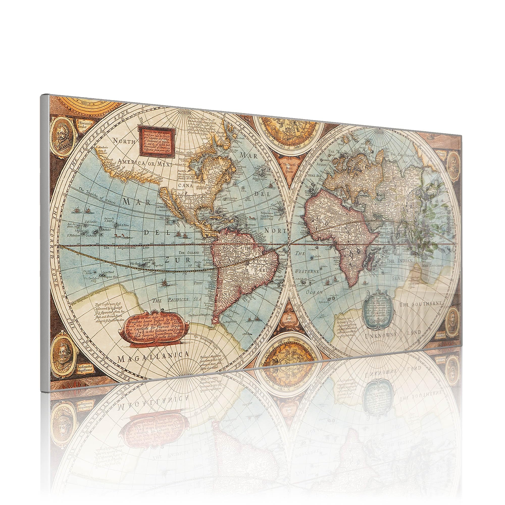 banjado Magnettafel Metall 78 x 37cm - beschreibbare Magnettafel - Metall Pinnwand als Memoboard - Magnetwand Küche, Büro, Kinderzimmer Grau inkl. 4 Magnete & Montageset - Motiv Historische Weltkart