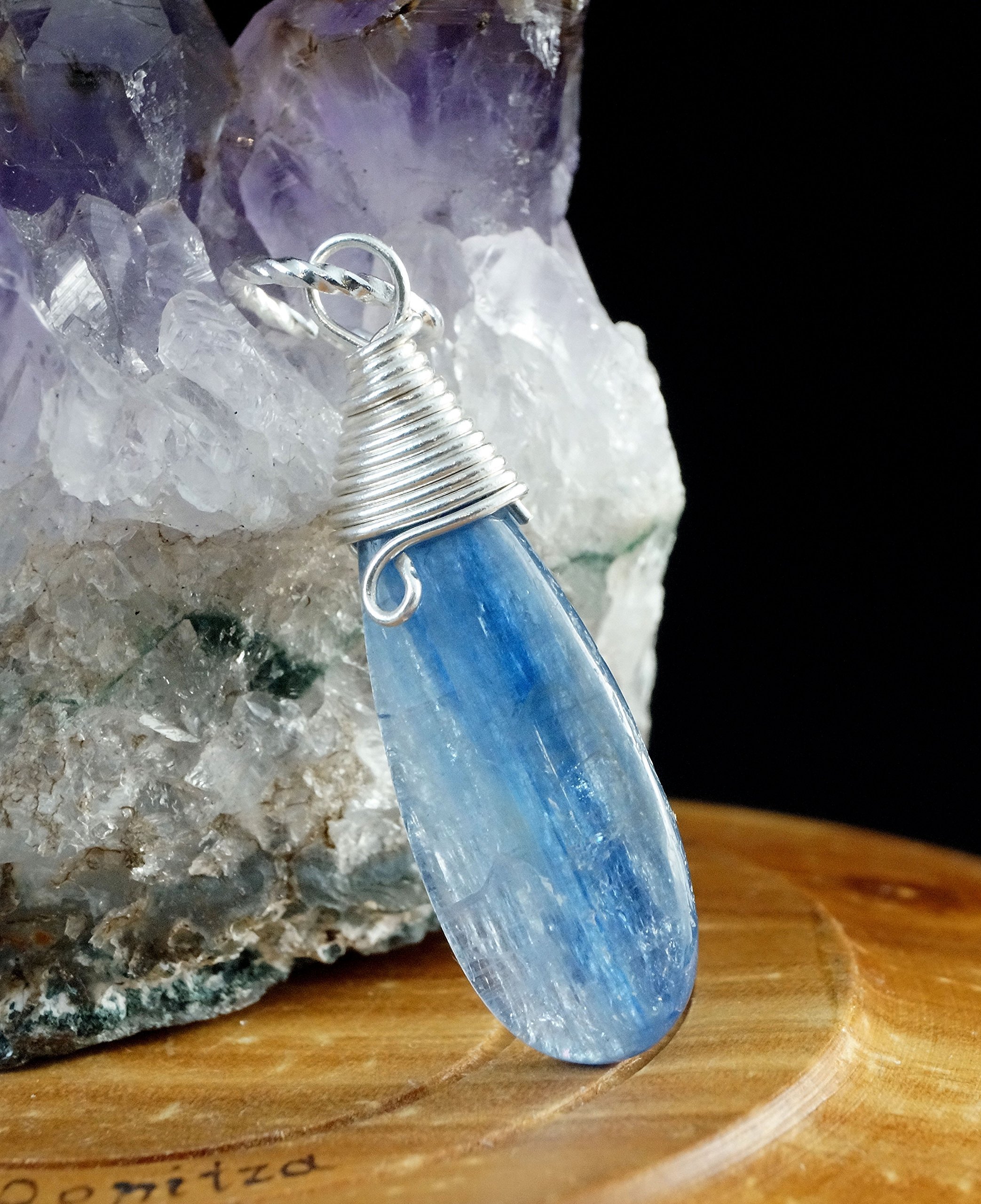 Sterling Silver pendant with Kyanite/wire wrapped/with chain (15.74 inch)