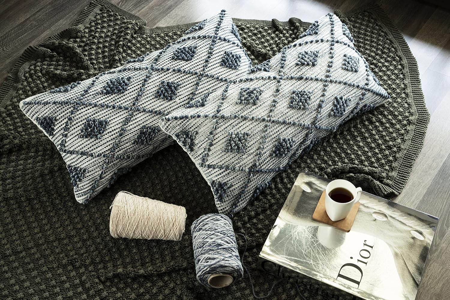Diamond Loops Throw Pillow Cover - Blue and White - 14x28 Inch - Handwoven, Textured, and Stylish - 1 Piece Cushion Cover for Sofa, Couch, and Bedroom Decor