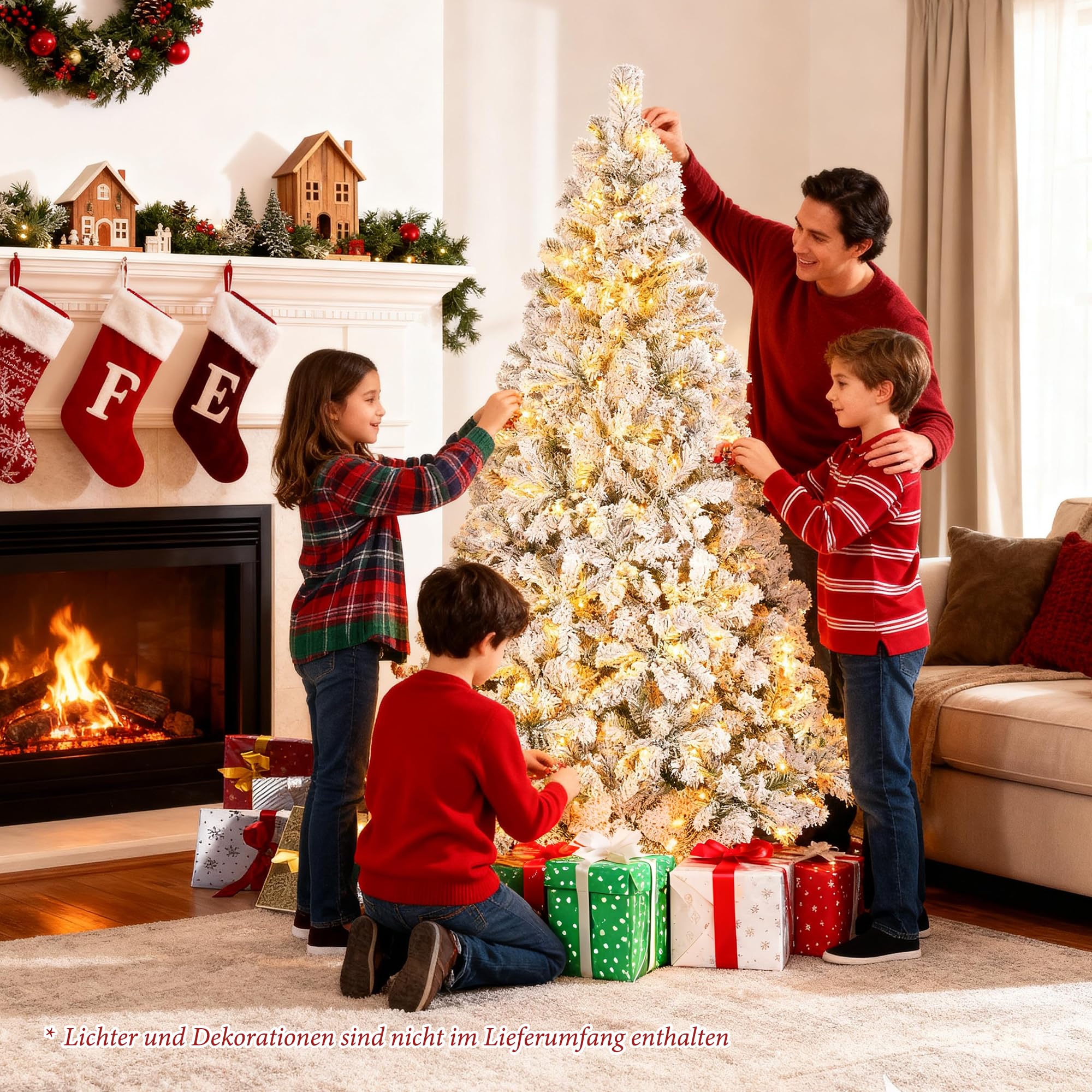 Weihnachtsbaum Künstlich 180 cm mit Schneezauber, Realistisches Naturgetreuer Tannenbaum mit Ständer, Weiß Flock Nordmanntanne 1000 Dichte Zweige, Christbaum Weihnachtsdeko