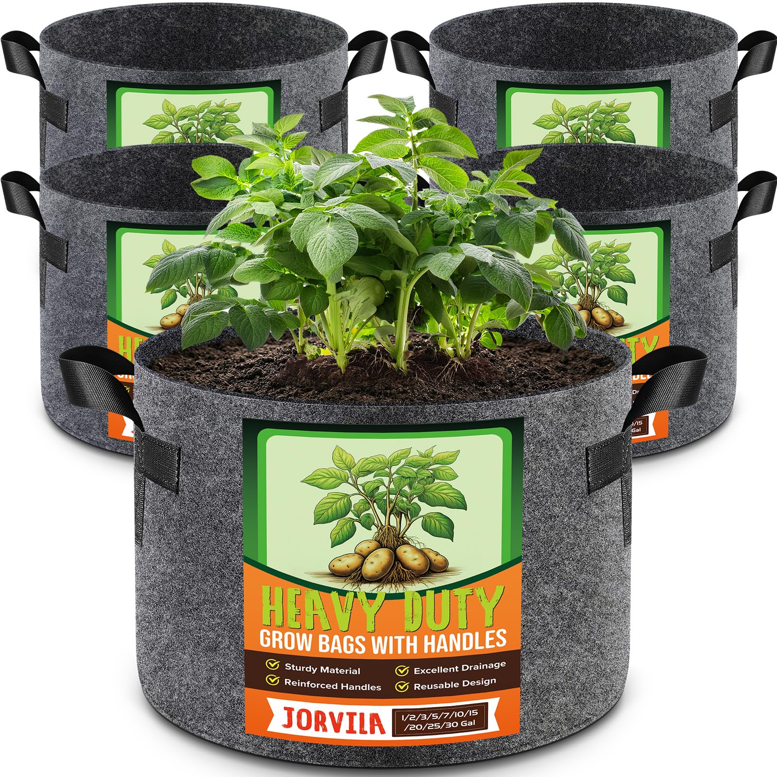 Jorvila Paquete de 5 bolsas de cultivo de 5 galones, macetas de tela no tejida gruesa con asas, macetas de jardín resistentes de 300 g para tomate, papa y verduras