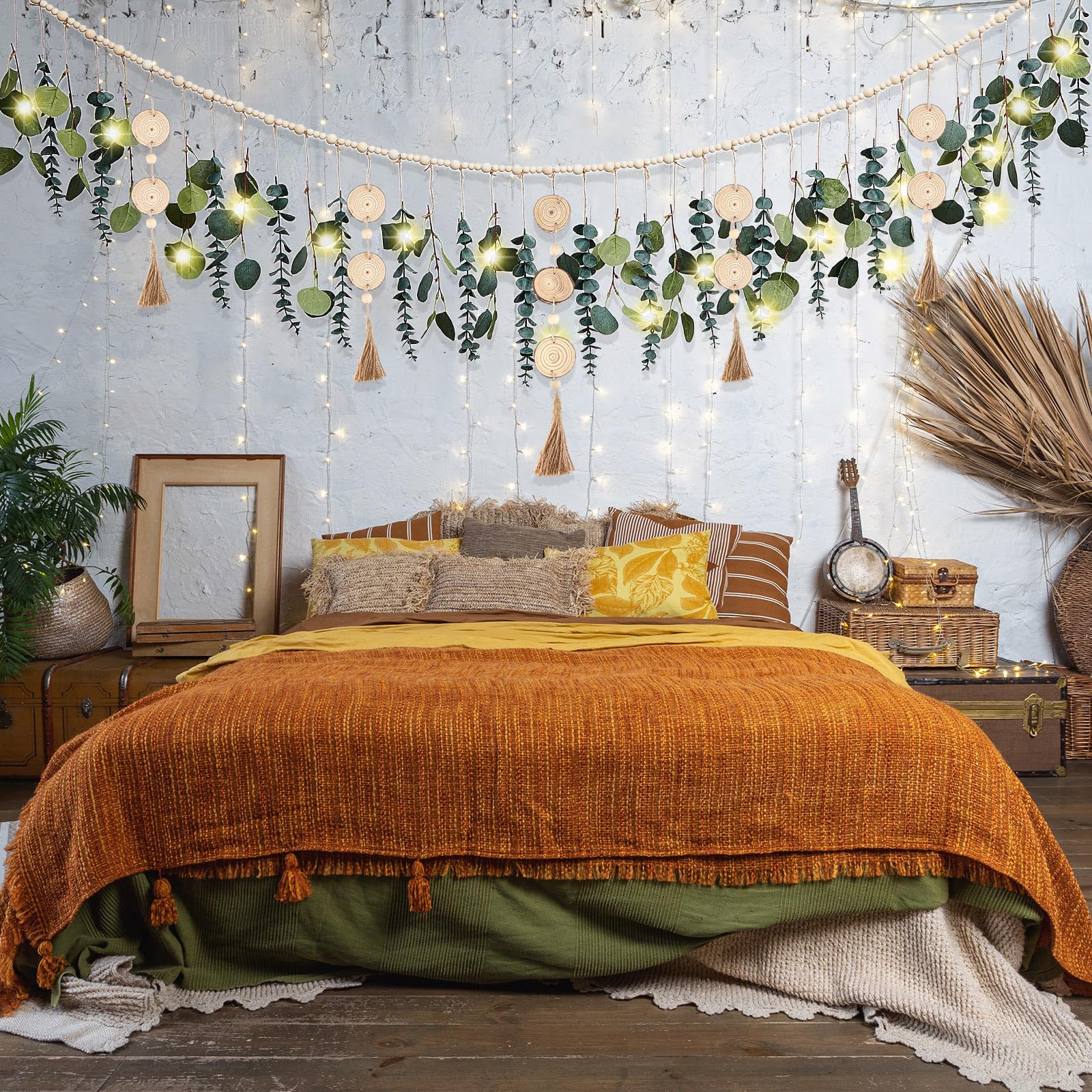 Juexica Künstliche hängende Eukalyptus-Wanddekoration, Boho-Schlafzimmer, Wanddekoration mit LED-Lichterkette für Zuhause, Büro, Bauernhaus, Kinderzimmer, Badezimmer, Küche (Holzperle)