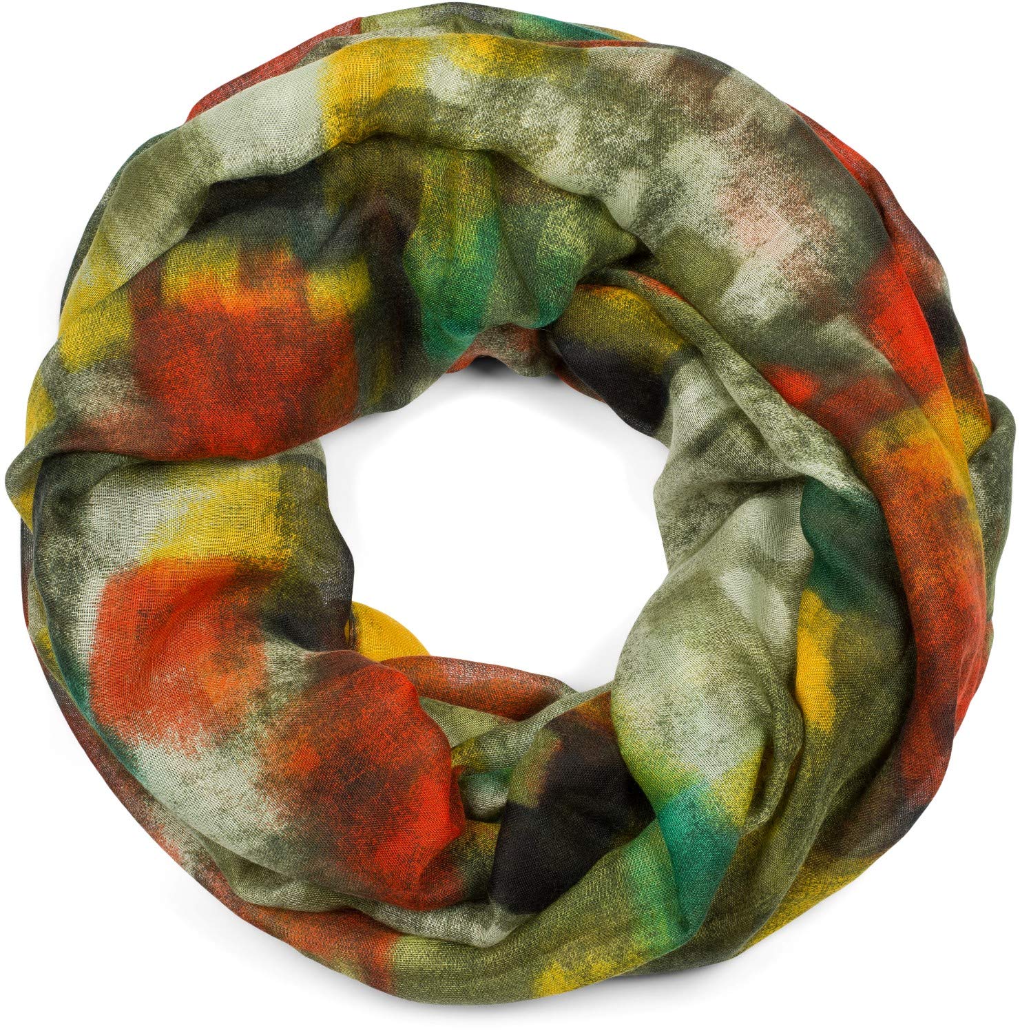 Stylebreaker Women's Green-Orange-Yellow Loop Scarf With Abstract Brushstroke Pattern, Tube Scarf Multicoloured, Cloth 01017130, Colour: