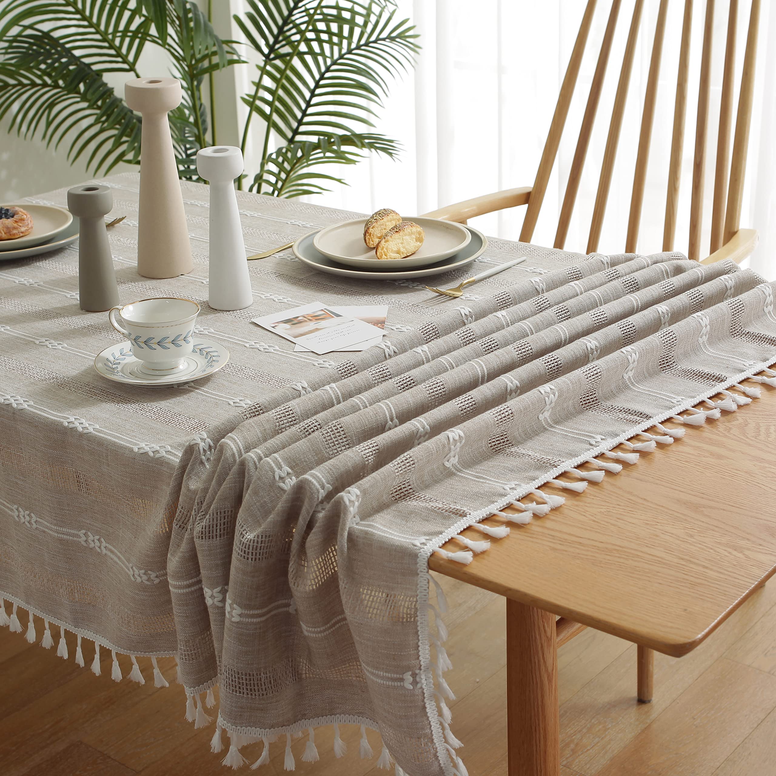 INKAROBOX Tovaglia Antimacchia Tovaglie Rettangolari Tovaglia in Lino di Cotone con Bordo Nappa Copertura Lavabile in Polvere da Cucina per Tavolo da Pranzo (Marrone chiaro, 140 x 180 cm