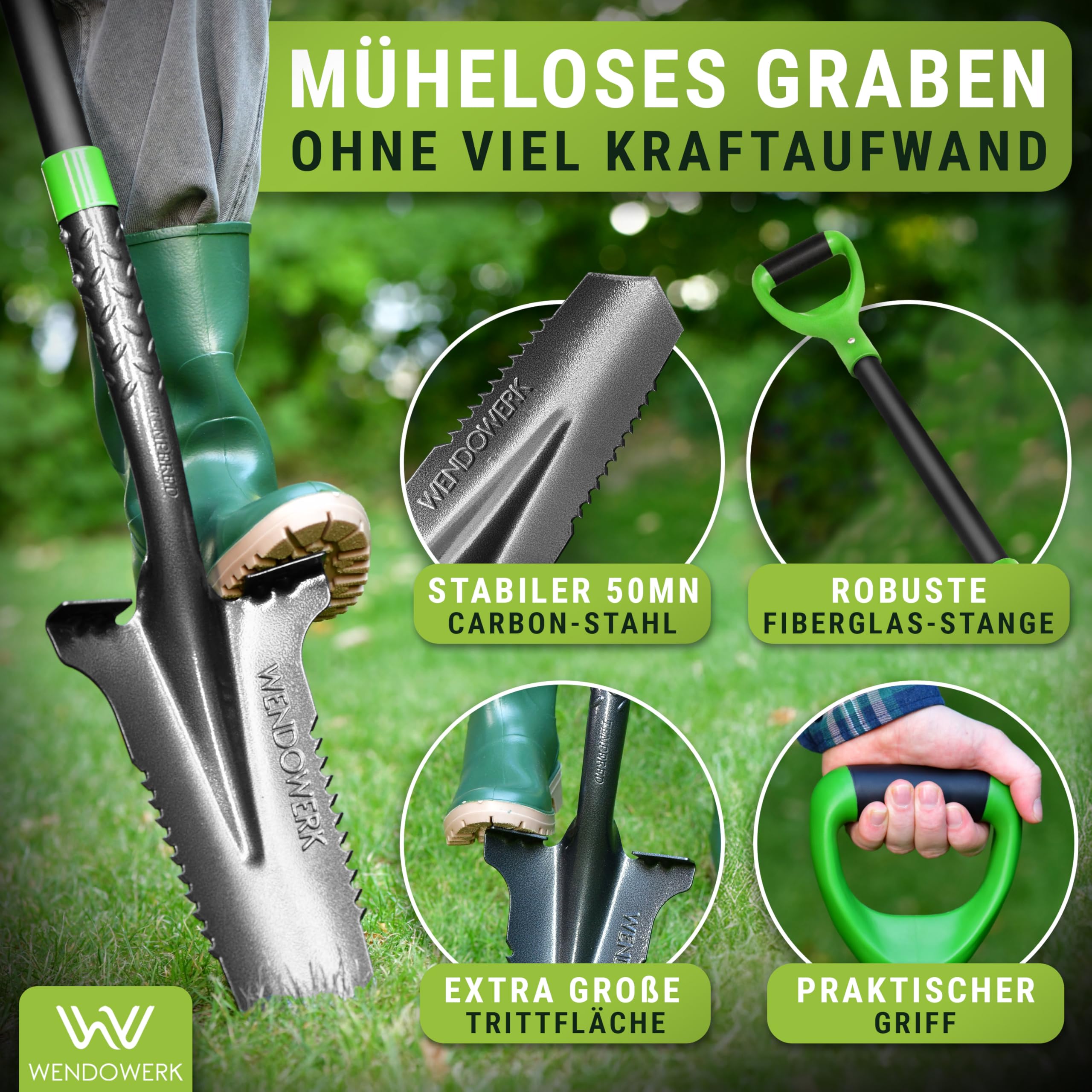 WENDOWERK®️ Spaten mit Wurzelsäge - Wurzelspaten mit extra breiter Trittfläche für harte Böden & ergonomischen Griff - Spaten mit Wurzelsäge für einfaches Graben im Garten - Stabiler Gartenspaten