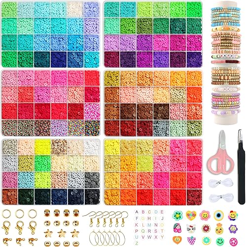 Miniatura 1 de YMSDZHL Kit de fabricación de pulseras de cuentas de arcilla de 19500 piezas, cuentas Heishi de polímero de 144 colores para fabricación de joyas,