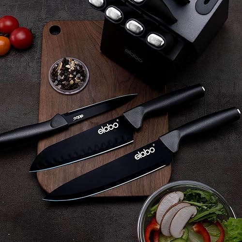 Miniatura 3 de elabo Juego de cuchillos de cocina con bloque de afilador de cuchillos integrado, apto para lavavajillas, acero inoxidable de alto carbono, juego de