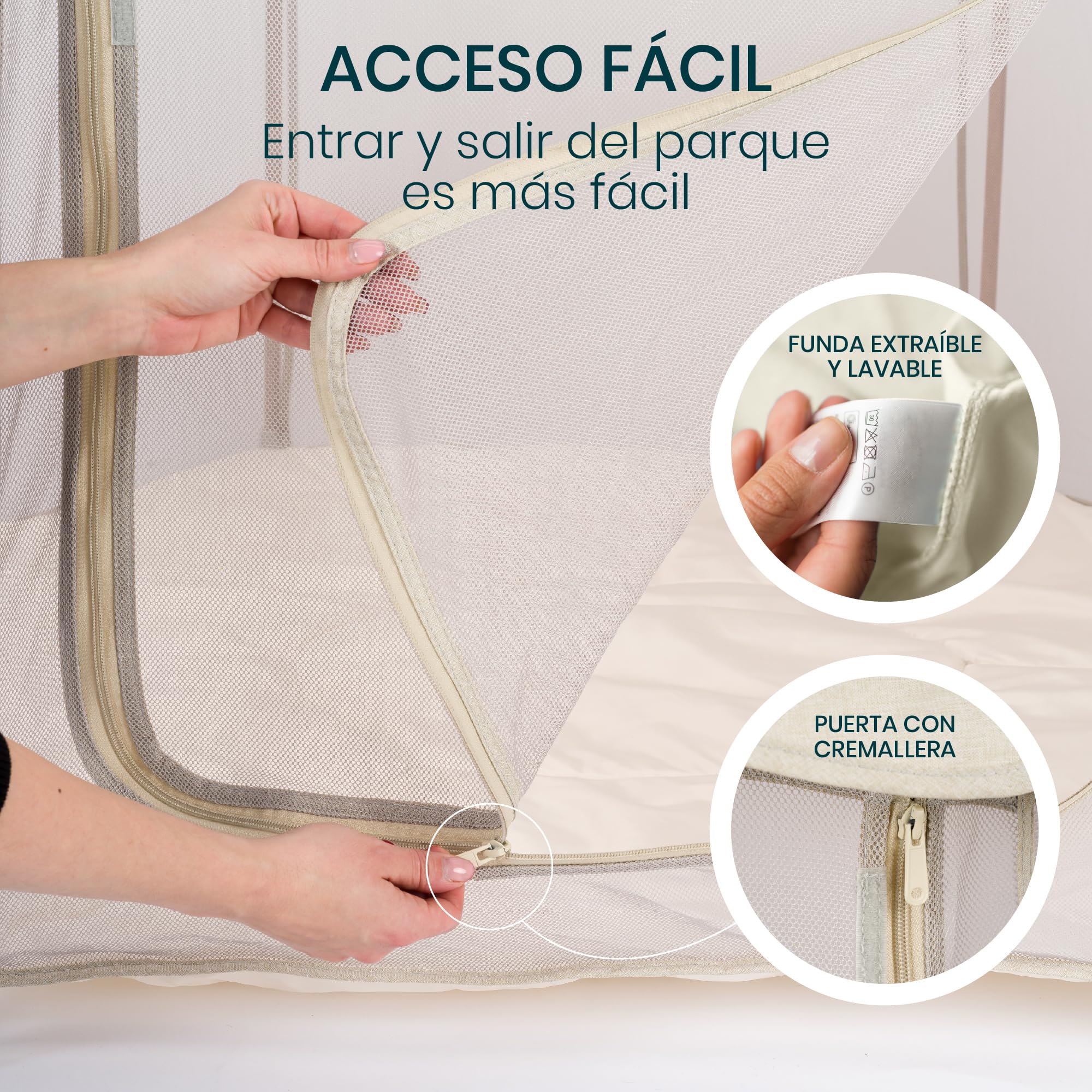 Tutti Bambini Parque Infantil Bebe - Corralito Bebe Plegable con Paredes de Malla, Puerta con Cremallera, Colchoneta de Suelo y Bolsa de Transporte - 135 x 135 x 75 cm - (Crudo)