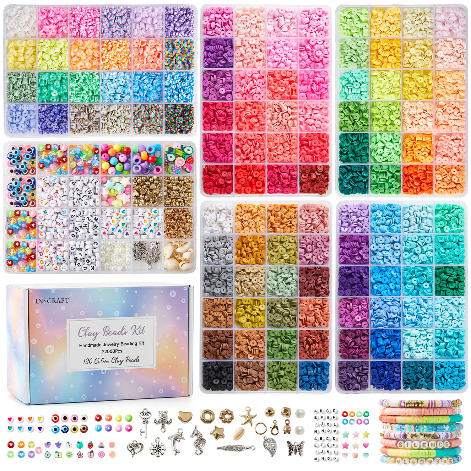 Inscraft 22000 Pcs Clay Beads for Bracelet Making Kit, 120 Colours Flat Round Polymer Clay Beads, Friendship Bracelet Kit Heishi Beads for DIY Jewelry Making, Crafts Gift for Girls Teen Adults