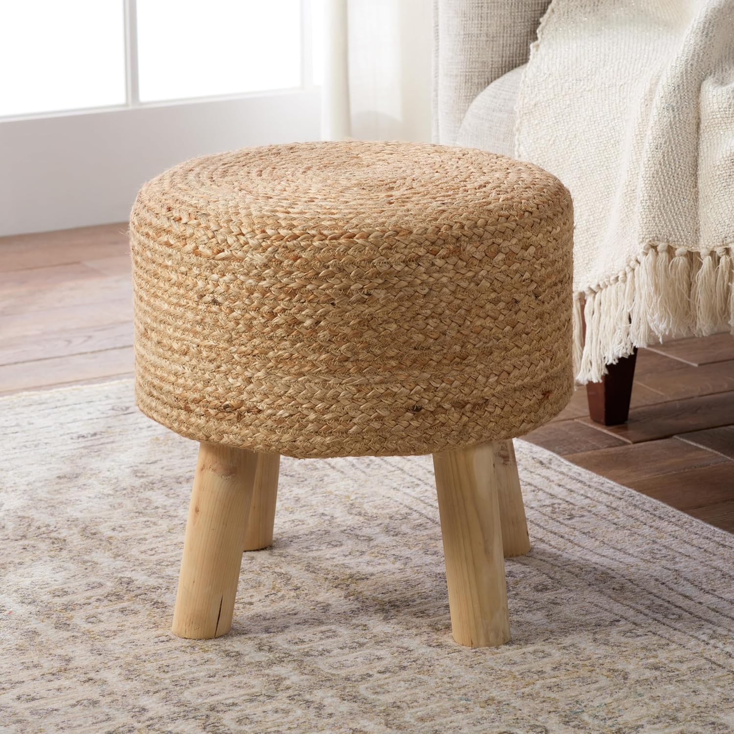 Jaipur Living, Jute Pouf, Round Stuffed Ottoman, Brown, 16"