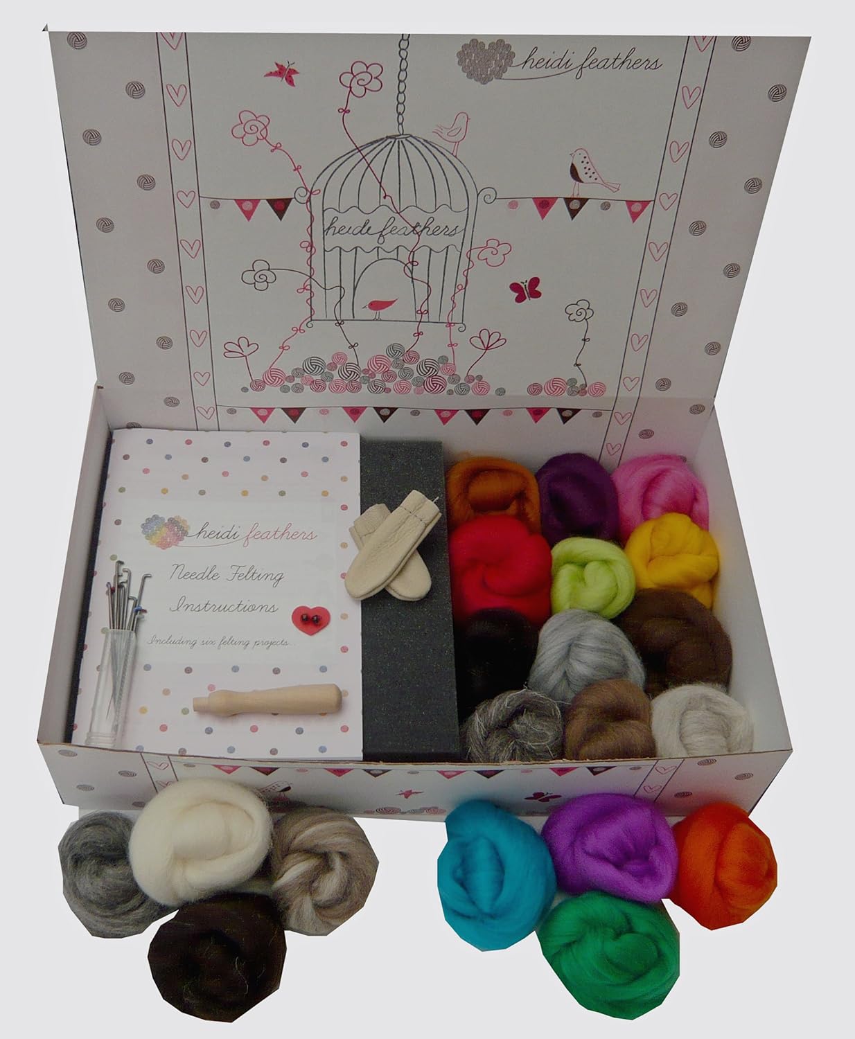 heidifeathers Needle Felting Kit with Natual and Merino Wool - Handle, Finger Guards, Eyes, Needles + Instructions