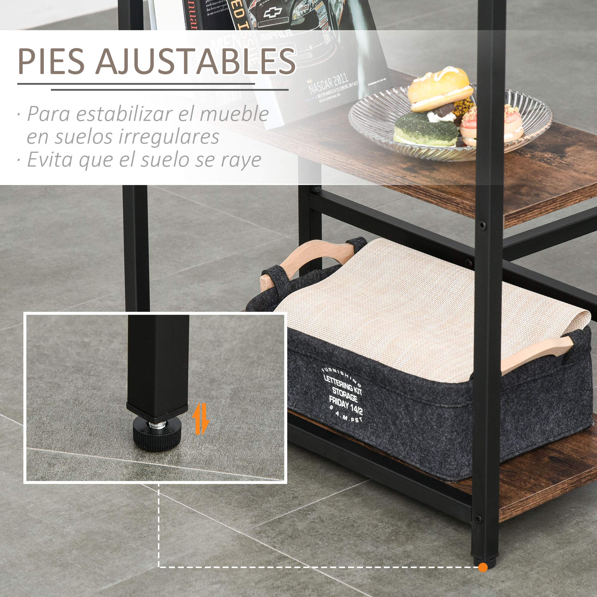 HOMCOM Set de Mesa de Bar y 2 Taburetes 109x60x100 cm Marrón Rústico | Mesa Alta, Reposapiés, Estantes de 3 Niveles, Almohadillas Ajustables, Cocina Comedor