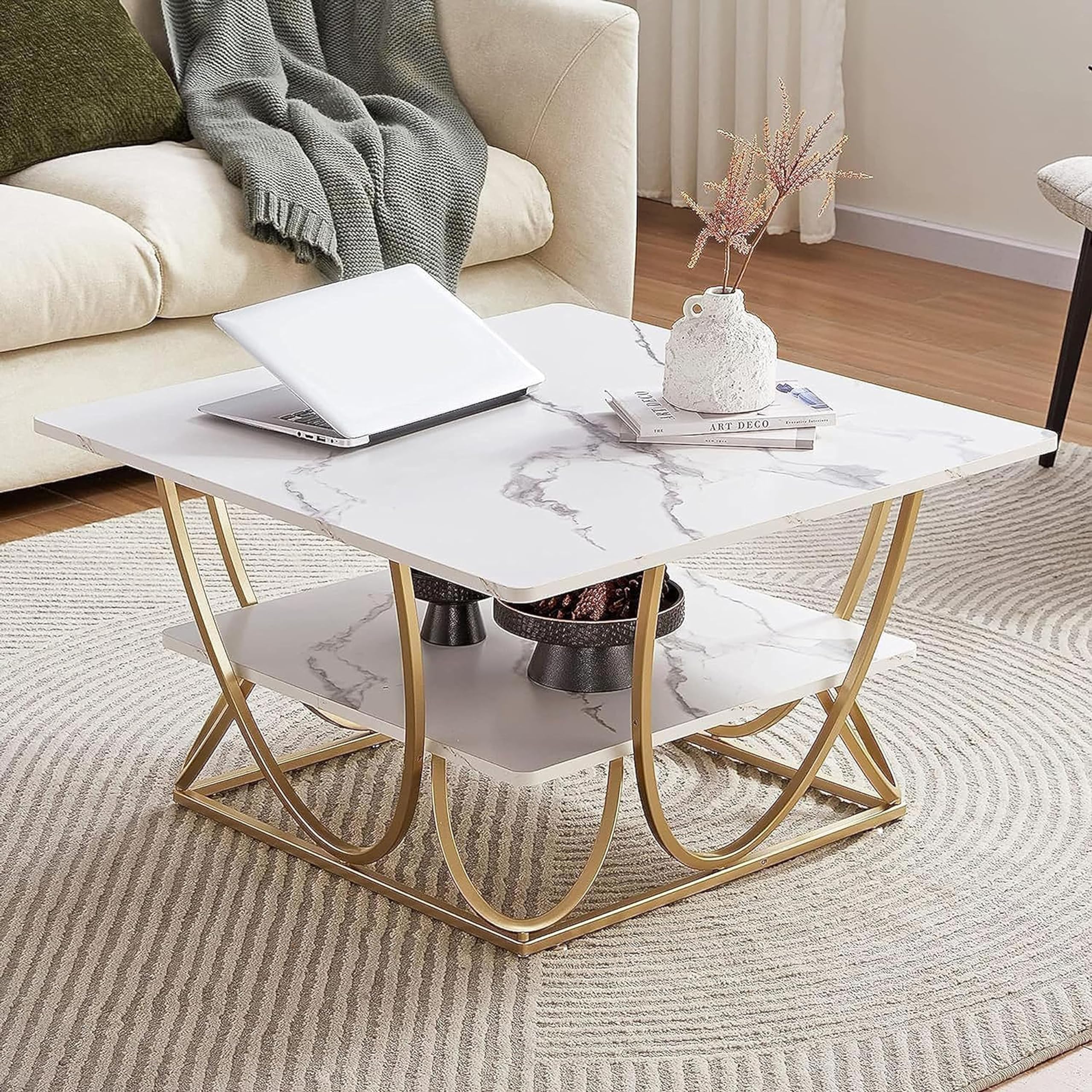 Crown Art Shoppee Round Storage Coffee Table Contemporary Coffee Table for Living Room Wood Top with Metal Frame-White Gold Square-image-27