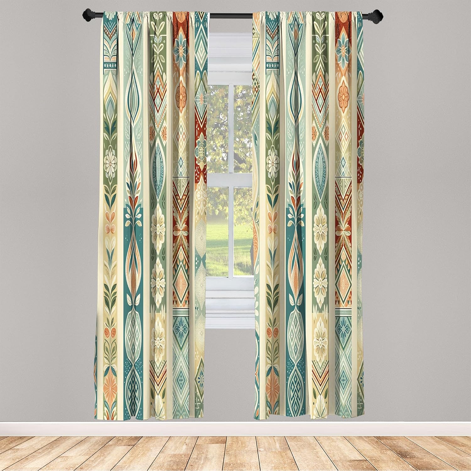 Ambesonne Southwestern Curtains, Pastel Ethnic Stripes and Nature Flora and Botany Motives Print, Window Treatments 2 Panel Set for Living Room Bedroom, Pair of - 28" x 95", Teal Eggshell and Paprika