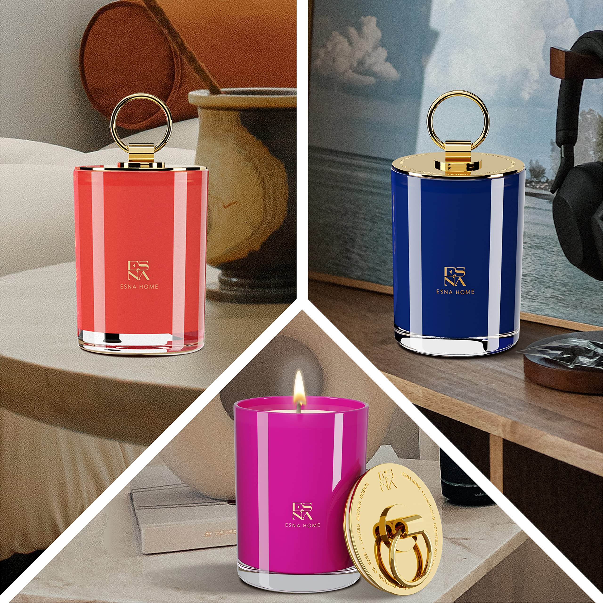 ESNA HOME Luxury Trio - Juego de regalo de temporada, 3 velas aromáticas de soja natural de tamaño completo, 150 horas de combustión limpia, regalos de inauguración de la casa para mujeres