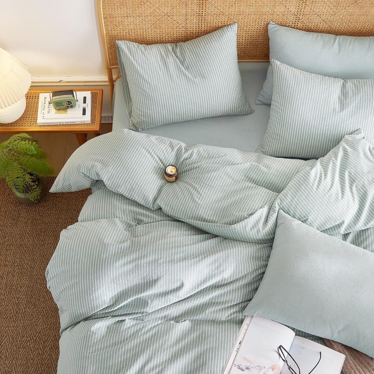 Wake In Cloud - Striped Cotton Duvet Cover Set, 100% Washed Cotton Textured Percale Bedding Set, Ticking Stripe Pinstripe Farmhouse, 3 Pieces, Greyish Blue, Queen Size