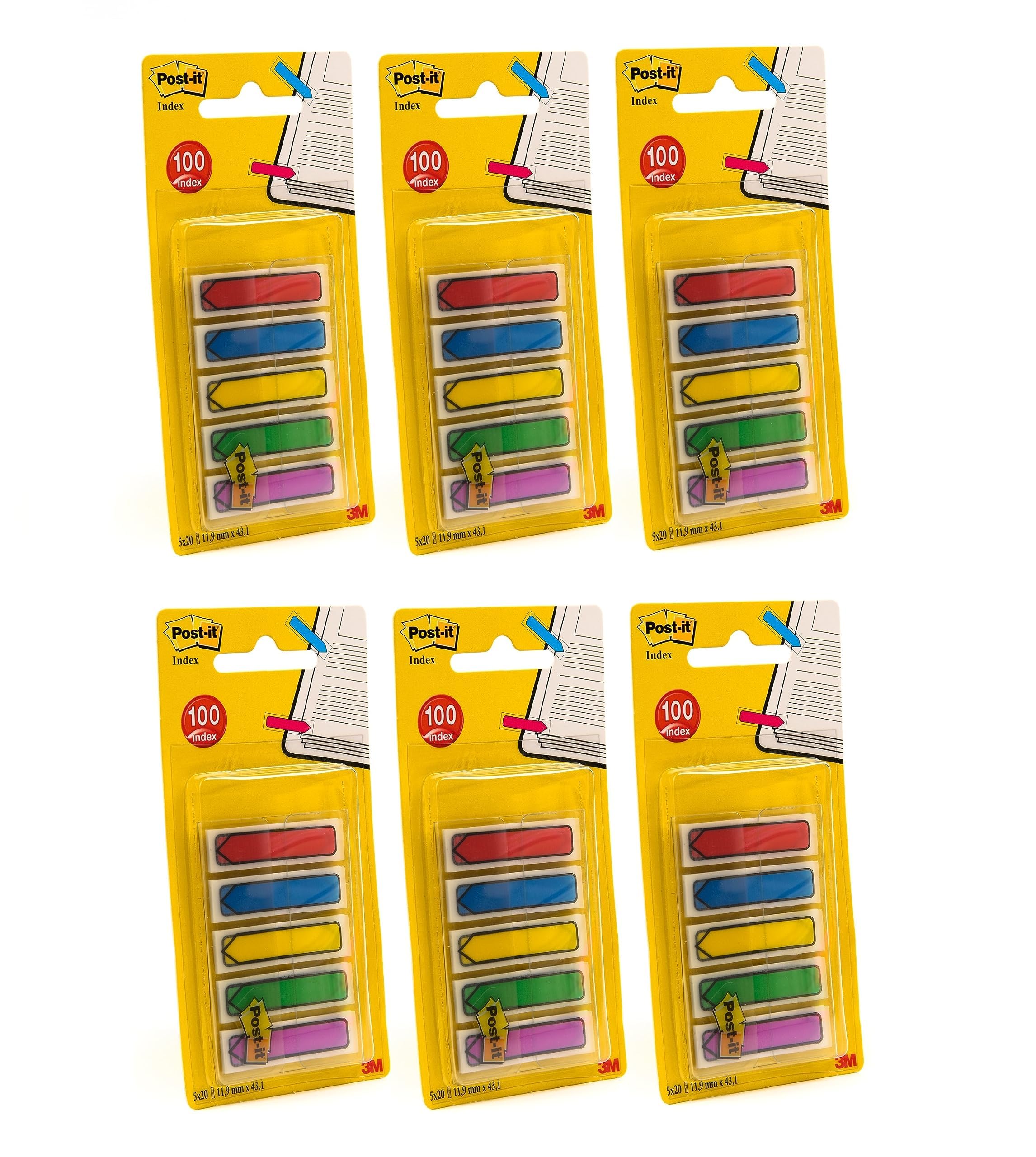 Post-it Pfeil-OTG-Spender, 11,9 x 43,2 mm, 5 Farben/Packung, 6 Packungen/Box, verschiedene Farben, Highlight, keine Beschädigung, Seitenmarkierungen, Buchregister, Haftindex, 20 Flaggen/Farbe