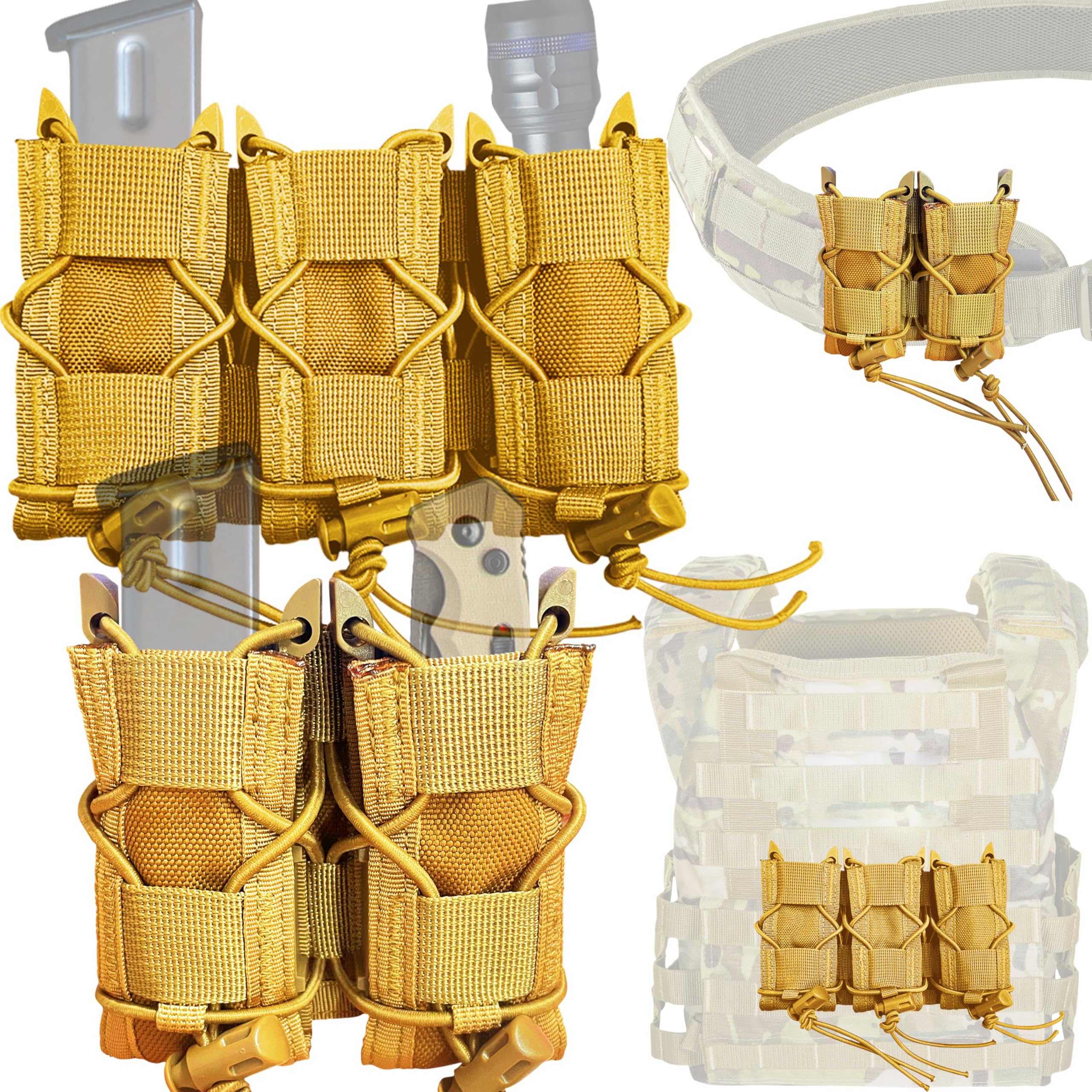 Lyska 2Pc Triple+ Double Molle Pistol Mag Pouch Hold Five Mags, Universal Handgun Magazine Holster for 9mm/.40 Calibers 45acp Glock S&W M&P, Sig 226/229, and Springfield 1911 (Khaki)