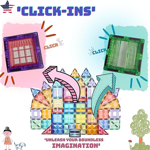 Miniatura 3 de Azulejos magnéticos de castillo medieval, 100 piezas de bloques de construcción magnéticos para niños con automóvil, formas geométricas, figuras