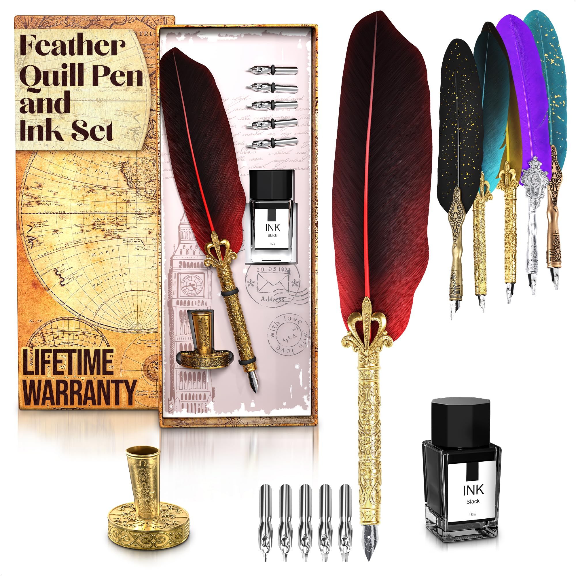 Antique Feather Pen and Ink Set - 11.5" Red Feather Feather Pen and Ink with Stainless Steel Tip for Calligraphy Practice, Drawing and Signatures - Designed for Beginners and Calligraphy Enthusiasts