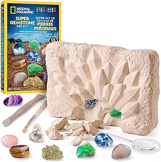National Geographic Kit d'Excavation de Gemmes avec 10 Véritables Pierres Précieuses pour Enfants, Découvrez Les Pierres Précieuses avec des Outils d'Excavation et Une Loupe, Kits de Science