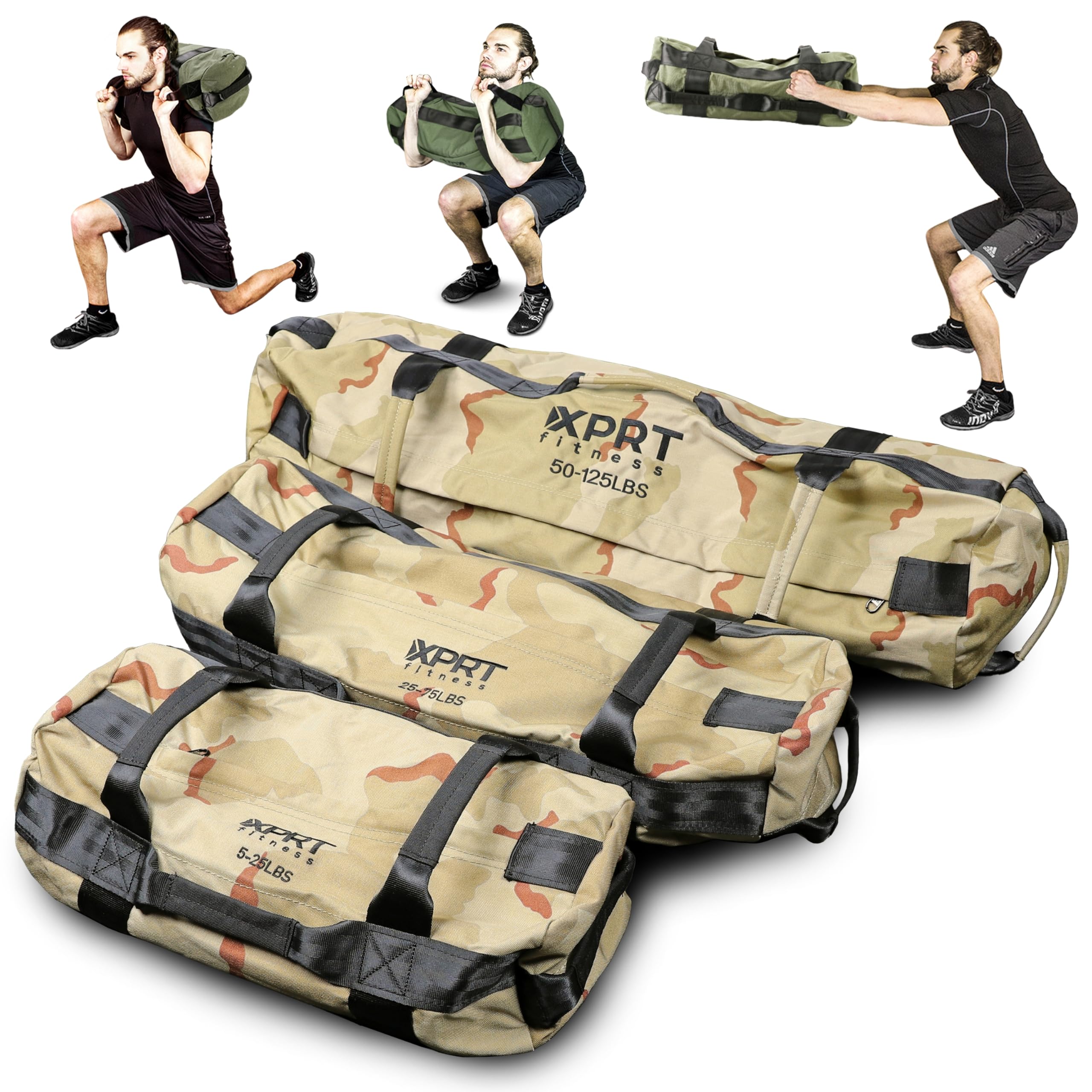 XPRT Fitness Workout Sandbag for Heavy Duty Workout Cross Training 7 Multi-positional Handles - Color Army Green/Black/Camo