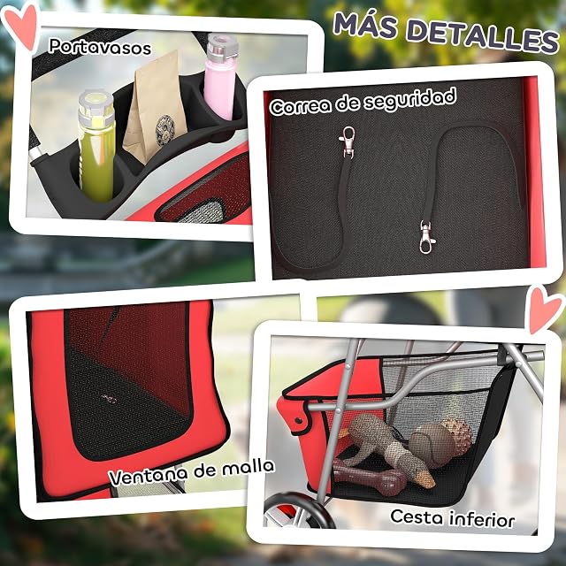 Foto 8 de 8 de PawHut Cochecito Plegable Mascotas Carrito para Perros Gatos con Cuatro Ruedas Cesta de Almacenaje Ventanas…
