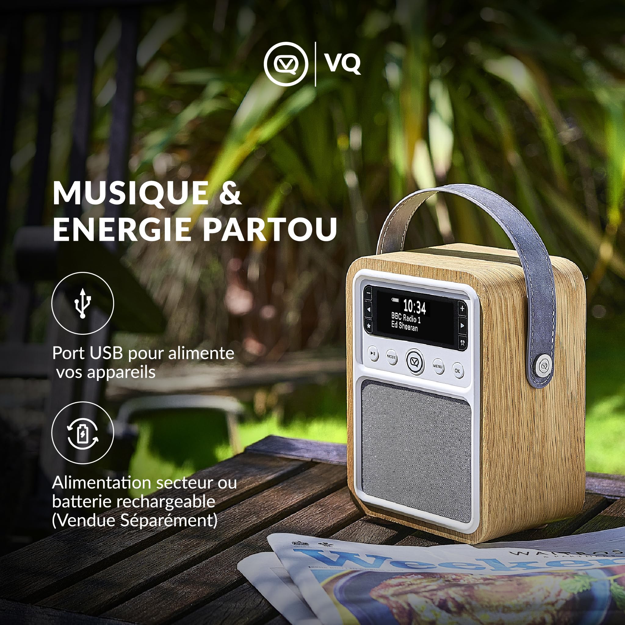 VQ Monty Radio DAB Plus/DAB avec Bluetooth, FM et Radio Réveil Fonction - Alimentée par Secteur et Batterie Radio Portable avec Antenne, Prise Casque et Port de Charge USB - Chêne