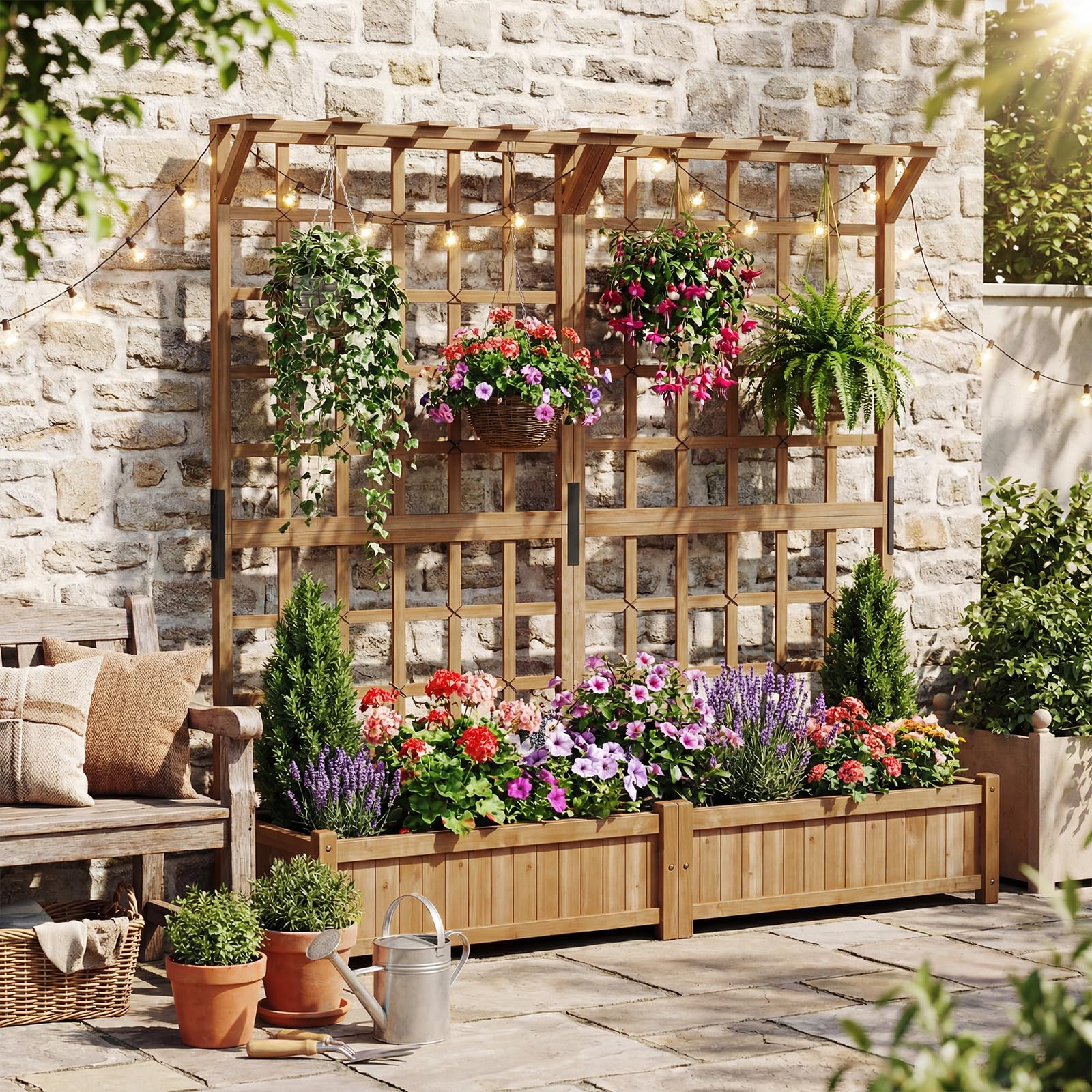 HOMASIS 3 en 1 Lit de Jardin Surélevé en Bois avec Treillis, Jardinière d’Extérieur avec Trous de Drainage et Bac à Plantes, pour Plantes Grimpantes, Légumes, Fleurs, 180 x 48 x 183 cm (Marron)