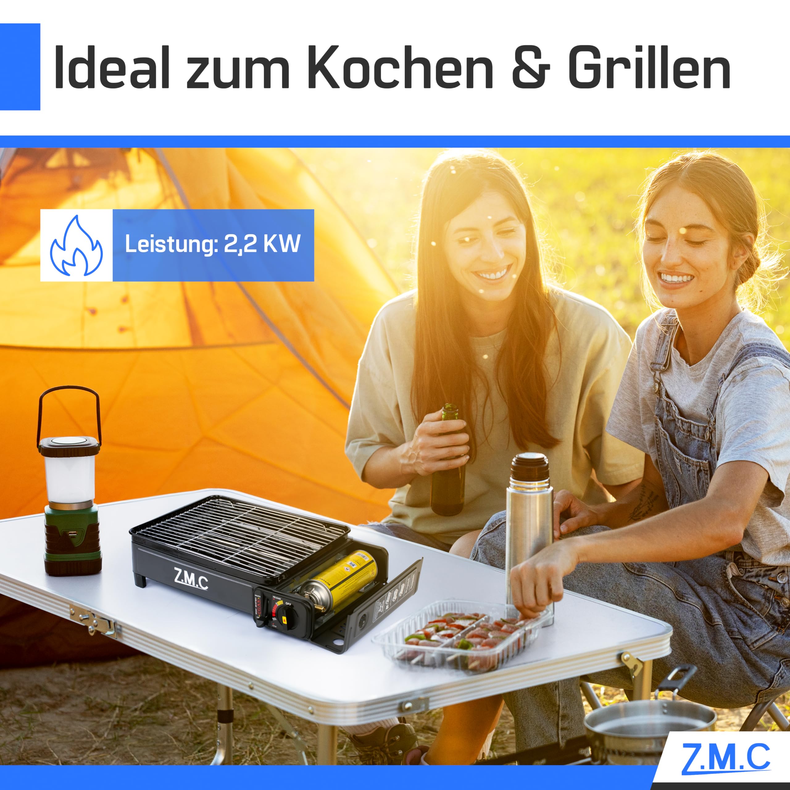 Z.M.C Campinggasfornuis, 2-pits, met adapter voor lpg-aansluiting 8 gaspatronen van 227 g, campingkooktoestel met piëzo-ontsteking voor gebruik buiten en binnen