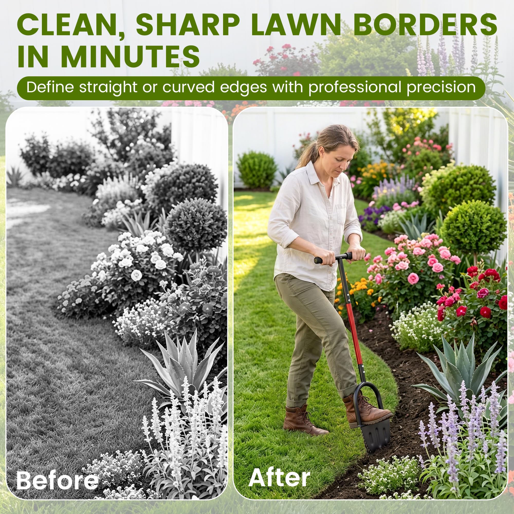 Herramienta manual para cortar césped, bordeadora de jardín de media luna para dar forma a césped y cama | Mango largo de 37 pulgadas, hoja en V afilada, acero sólido duradero, herramienta para bordes de césped y zanjas